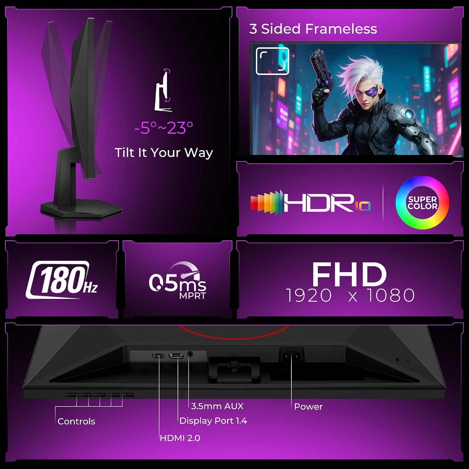 AOC 24G42E Gaming Monitor 24 inch FHD Fast IPS Gaming Monitor, 180Hz Refresh Rate, 0.5ms Response Time, Adaptive Sync, HDR10, Flicker-Free Technology, HDMI 2.0 & DisplayPort 1.4 Connectivity (Black)
