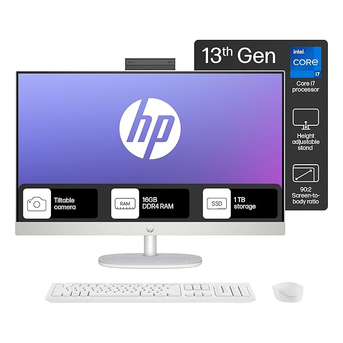 HP All-in-One PC 13th Gen Intel Core i7 27 inch(68.6cm) FHD 16GB RAM, 1TB SSD, Intel UMA Graphics, HP 710 White Wireless Keyboard and Mouse Combo (Win 11, MSO 21, Shell White, 6.72 Kg) 27-cr0403in - Zapnet.in