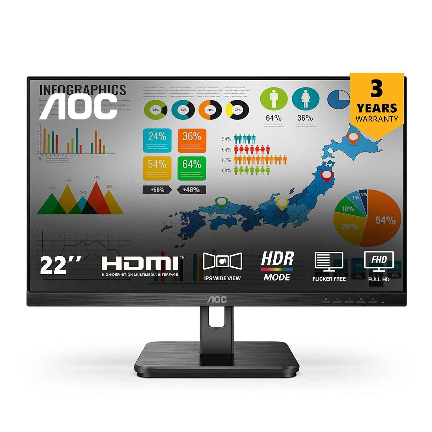AOC 22E2H 22" Monitor Full HD IPS Panel, 75Hz Refresh Rate, 4ms Response Time, Adaptive Sync, Flicker-Free, HDMI Connectivity, HDR Support, 3-Sided Frameless Design, Low Blue Light, 102% sRGB (Black)