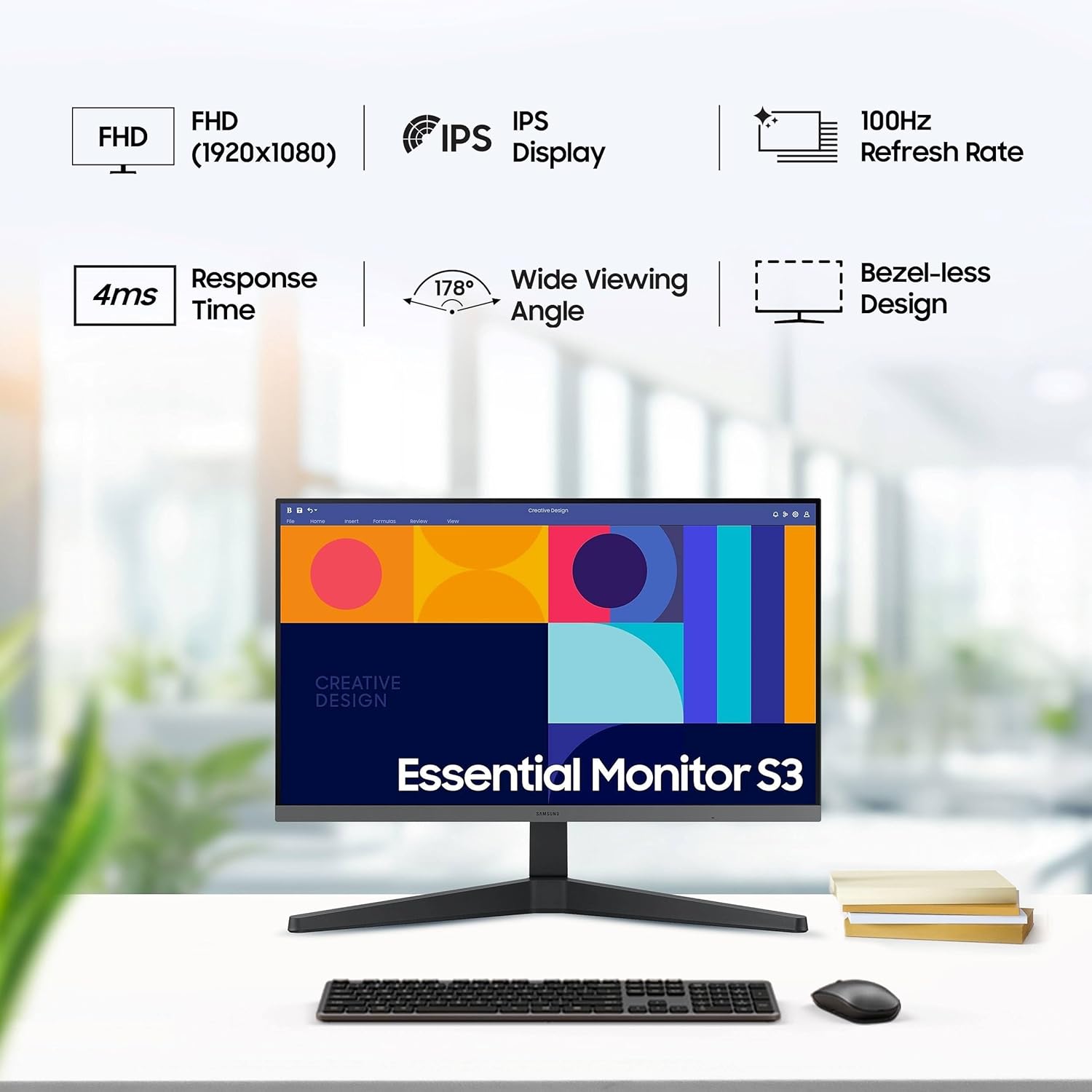 Samsung 24-inch (60.46cm) FHD, IPS, 100 Hz, 1920 x 1080 Flat Monitor, Bezel Less Design, AMD FreeSync, Flicker-Free, HDMI, Display Port (LS24C330GAWXXL, Black)