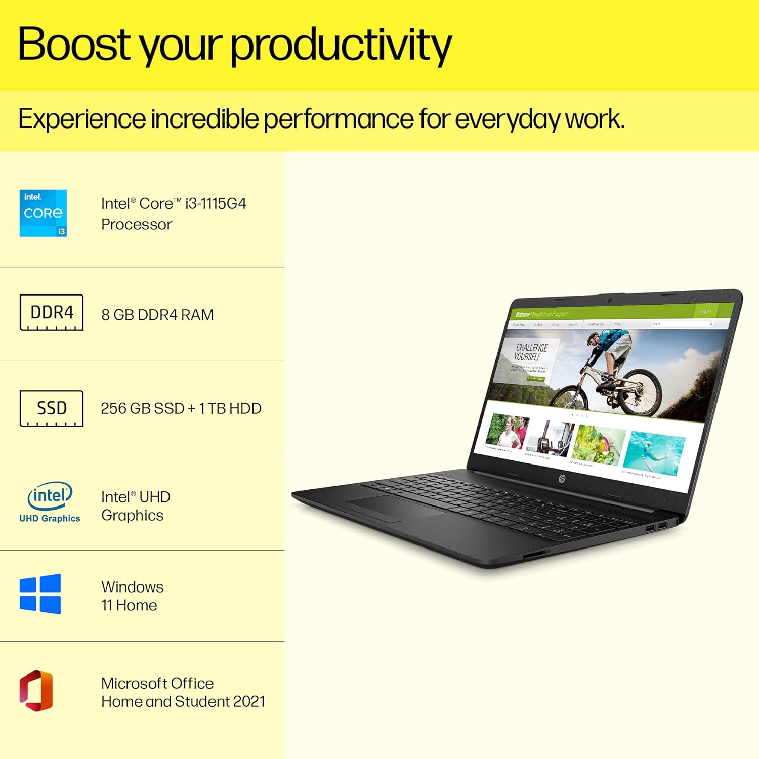 HP 15s, 11th Gen Intel Core i3 8GB RAM/1TB HDD+256 GB SSD 15.6-inches/39.6 cm FHD Laptop/Windows 11/Intel UHD Graphics/Dual Speakers/Alexa/MSO/Fast Charge/1.75 Kg, 15s-du3614TU