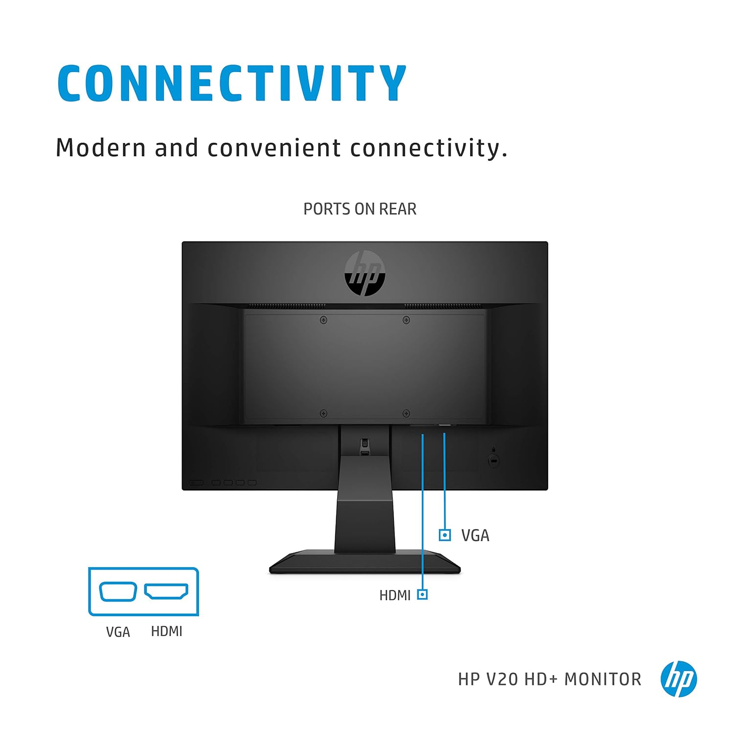 HP V20 19.5 inch(49.53 cm) Monitor HD+(1600 x 900) Anti-Glare; Low Blue Light Mode, HDMI; VGA, 5ms Response time,VESA Mount, 2.81kg (1H848AA) - Zapnet.in