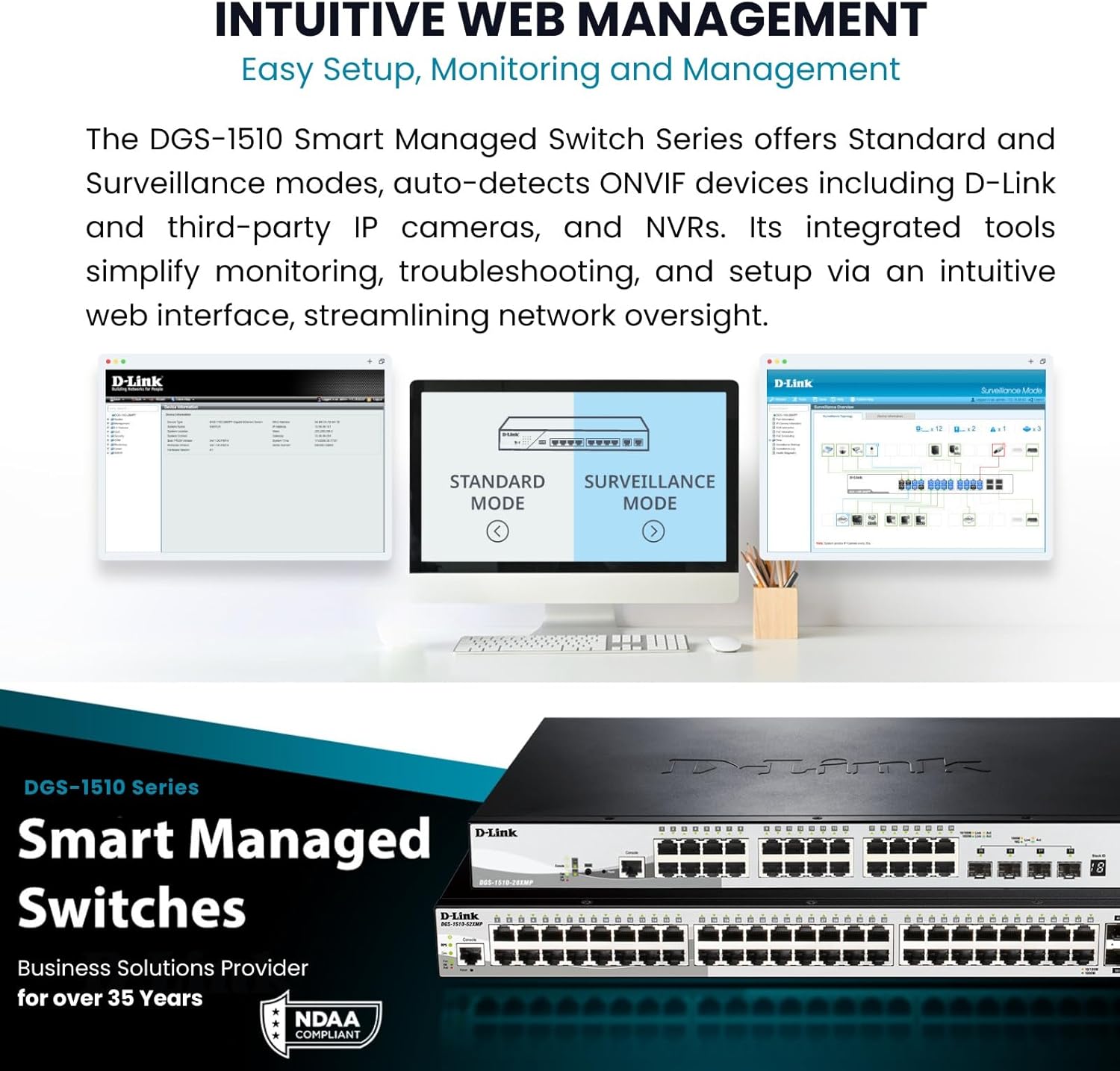 D-Link 52-Port Gigabit Stackable Smart Managed PoE+ Switch with 10G Uplinks | 48 PoE+ (740W) + 4 10GbE SFP+ Ports| L2+/L3 Lite |VLANs |Web Managed |Surveillance Mode | NDAA Compliant (DGS-1510-52XMP)
