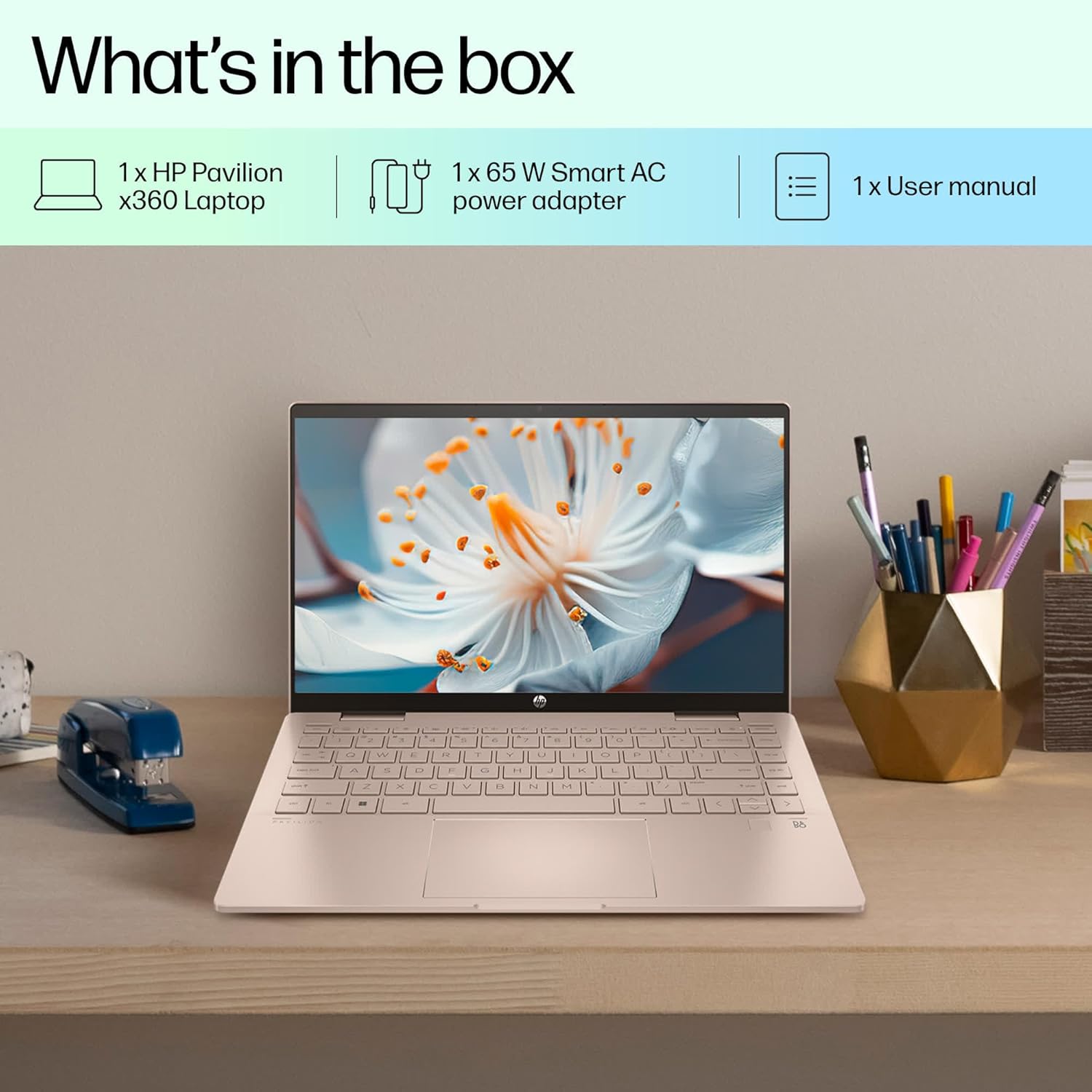 HP Pavilion x360, 13th Gen Intel Core i7-1355U, 16GB DDR4, 512GB SSD, (Win 11, Office 21, Gold,1.51kg),Touchscreen, IPS,15.6-inch(39.6cm) FHD Laptop, Iris Xe Graphics, 5MP camera, Backlit KB, ek1020TU