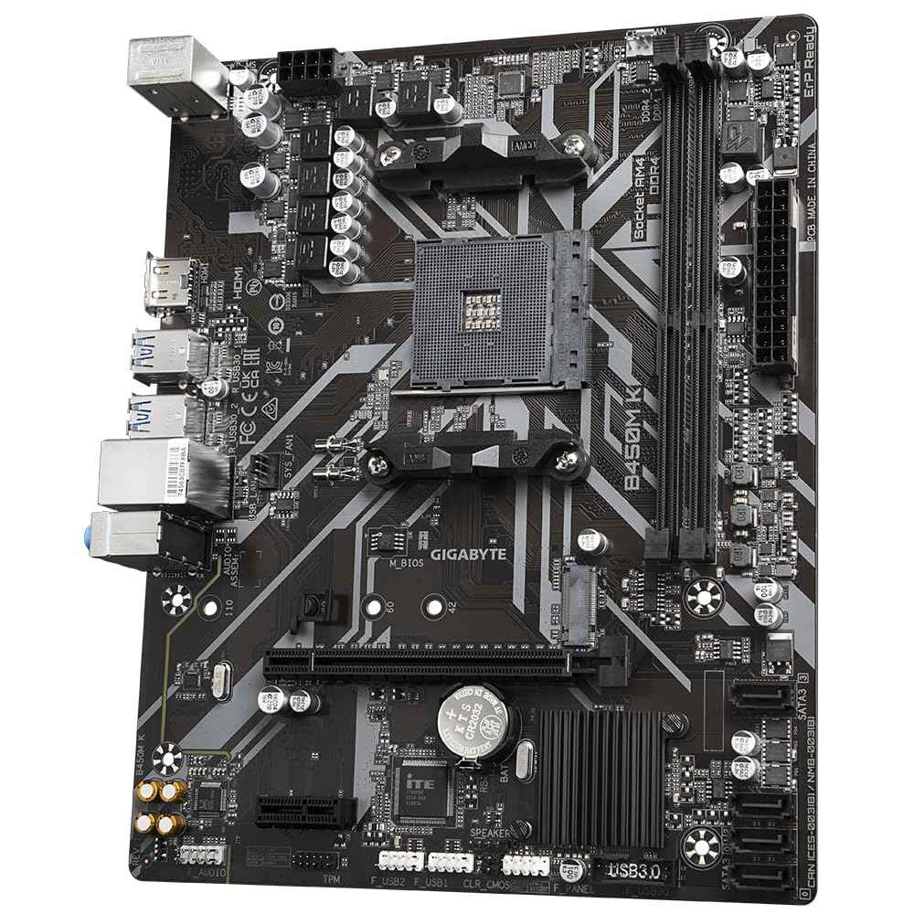 GIGABYTE B450M K Micro-ATX Motherboard – AMD AM4, DDR4 64GB, M.2, HDMI, USB 3.2, RAID Support