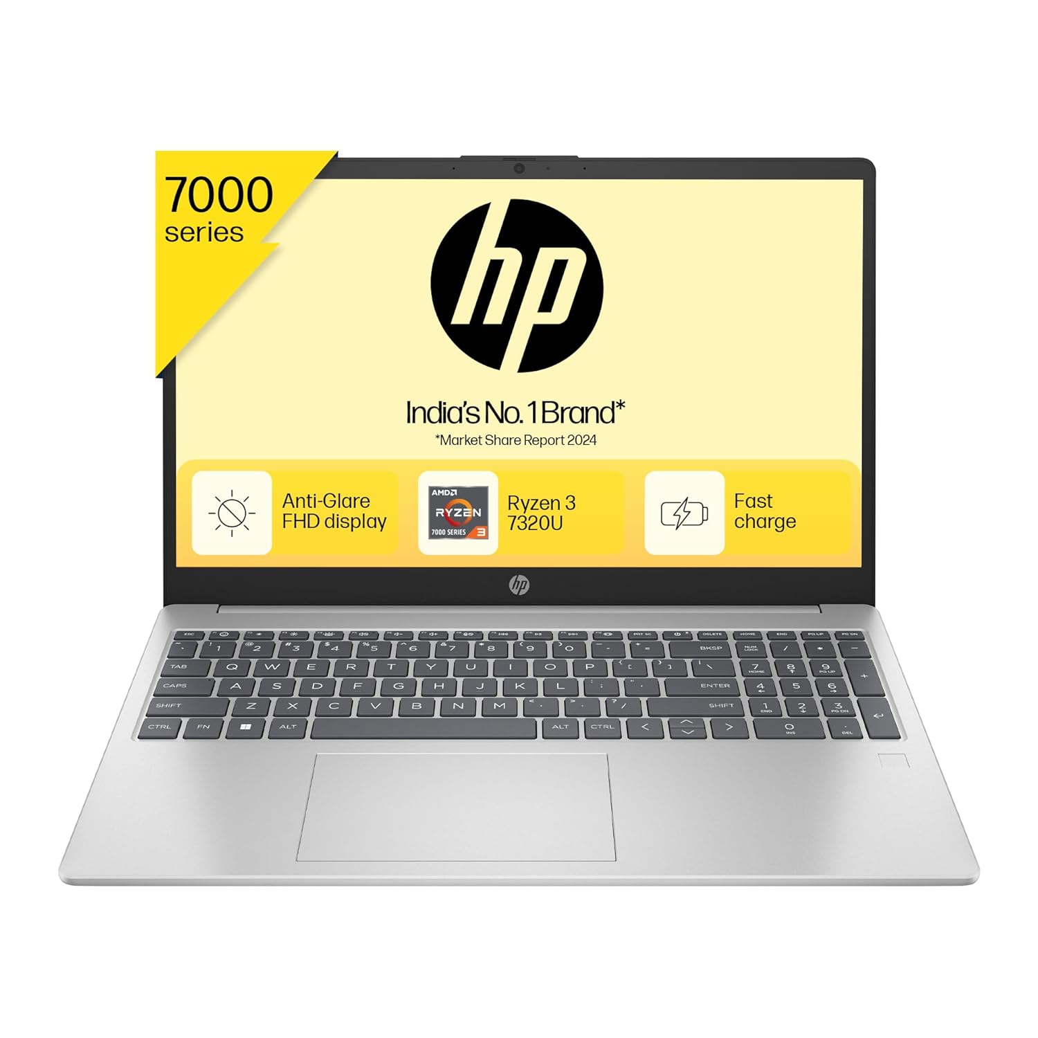 HP 15, AMD Ryzen 3 7320U, 8GB LPDDR5, 512GB SSD, Anti-Glare, Micro-Edge, 15.6-inch (39.6 cm), FHD, AMD Radeon Graphics, 1080p HD Camera, (Win 11, Silver, 1.59 kg), fc0154AU