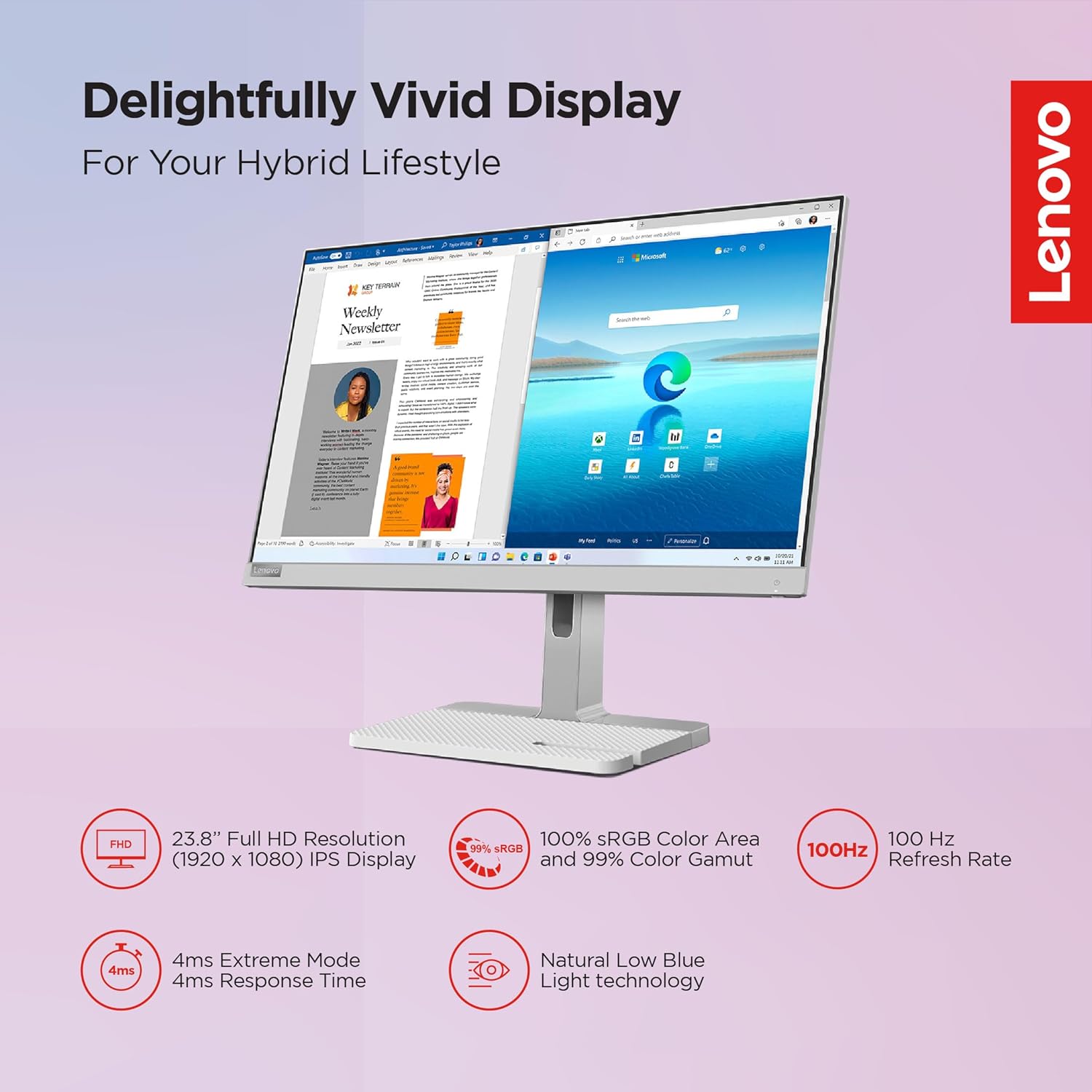 Lenovo L-Series 24 inch (60.45cm) | FHD IPS Ultraslim Monitor| 100Hz, 4ms, AMD FreeSync, 3Wx2 Speakers, HDMI, VGA, Tilt Swivel Pivot Height Adjust Stand: for Home & Office use, Grey, L24m-40