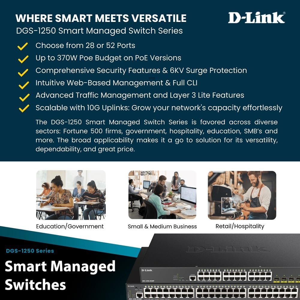 D-Link 52-Port Gigabit Smart Managed Switch | 48 Gigabit Ports + 4 10G SFP+ Ports| L2+/L3 Lite |VLANs |Web Managed |Surveillance Mode | Rackmount | NDAA Compliant (DGS-1250-52X-6KV)