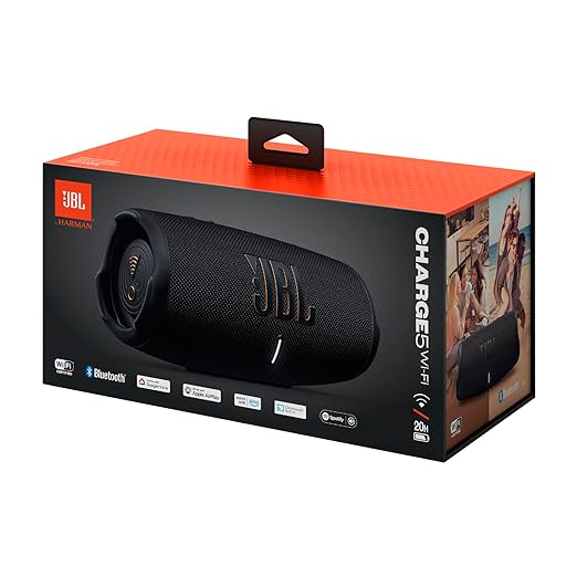 JBL Charge 5 Wi-Fi, Wireless Portable Bluetooth Speaker, Original Pro Sound, 20 Hours Playtime, Deep Bass, Built-in Powerbank, Wi-Fi with AirPlay, IP67 Water & Dustproof, One App (Black) - Zapnet.in