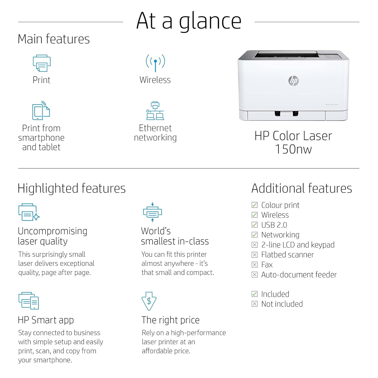 HP Colour Laser 150Nw Wireless Color Laser Printer with Built-in Ethernet and WiFi-Direct, Smallest Color Laser in Its Class, White - Zapnet.in