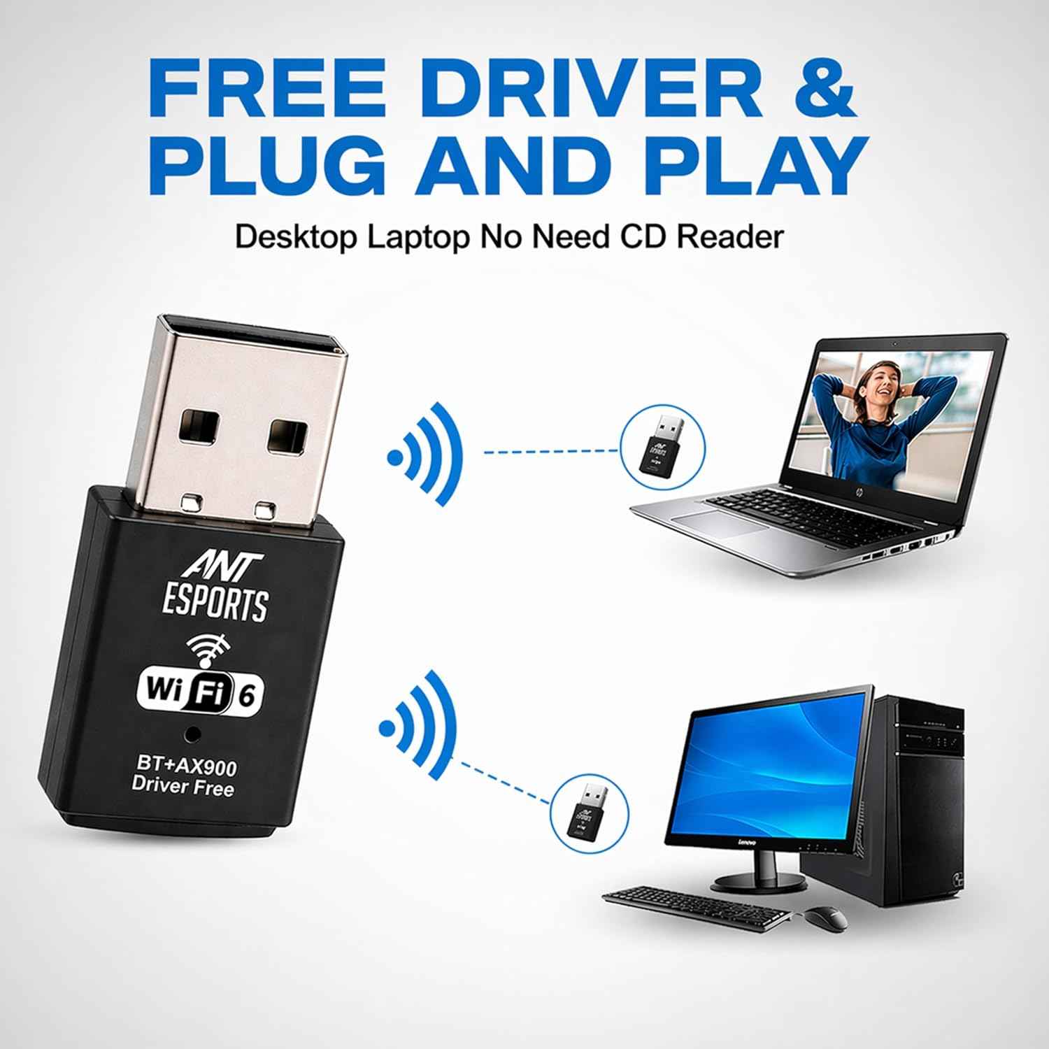 Ant Esports AE900X SmartChoice Dual Band WiFi 6 USB Dongle with Bluetooth 5.4, 900Mbps Speed (2.4GHz + 5GHz), MU-MIMO, Plug & Play, WPA3 Security, Hotspot Mode, Windows Compatible