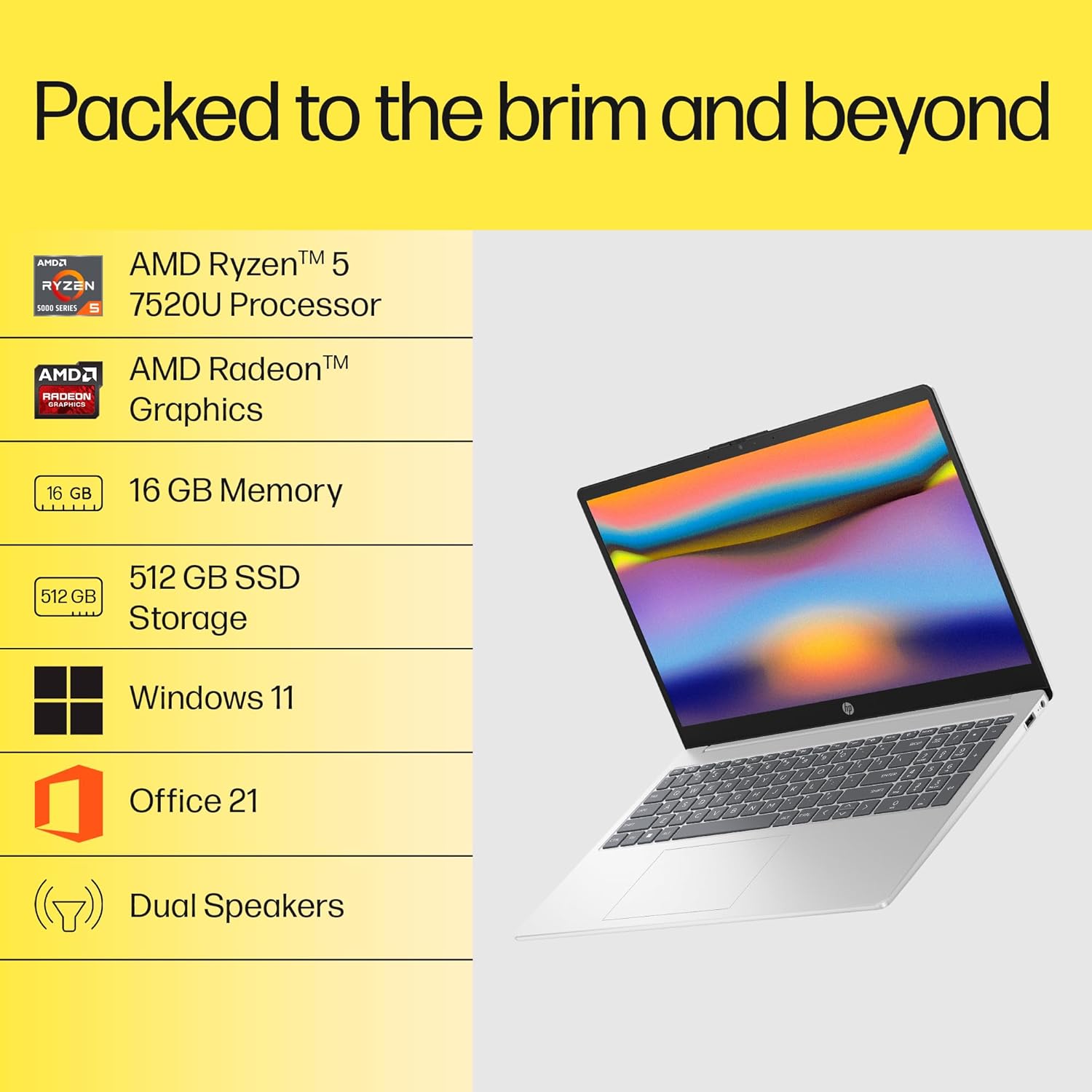 HP 15, AMD Ryzen 5 7520U, 16GB DDR5, 512GB SSD, (Win 11, Office 21, Silver, 1.59kg), Anti-Glare, Micro-Edge, 15.6-inch(39.6cm), FHD Laptop, AMD Radeon Graphics, 1080p FHD Camera, Backlit KB, fc0156AU