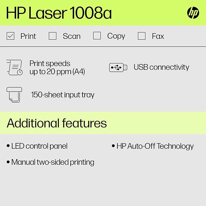 HP Laser 1008a Printer, Single Function, Print, Hi-Speed USB 2.0, Up to 21 ppm, 150-sheet Input Tray, 100-sheet Output Tray, 10,000-page Duty Cycle, 1-Year Warranty (Black and White) 714Z8A - Zapnet.in
