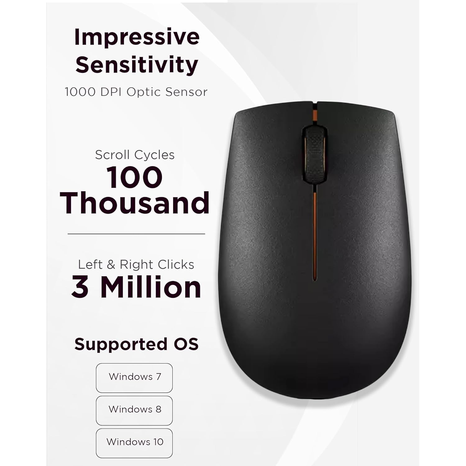 Lenovo 300 Wireless Compact Mouse, 1000 DPI Optical sensor, 2.4GHz Wireless Nano USB, 10m range, 3-button(left,right,scroll) upto 3M left/right clicks & 1yr battery, Ambidextrous, Ergonomic GX30K79401