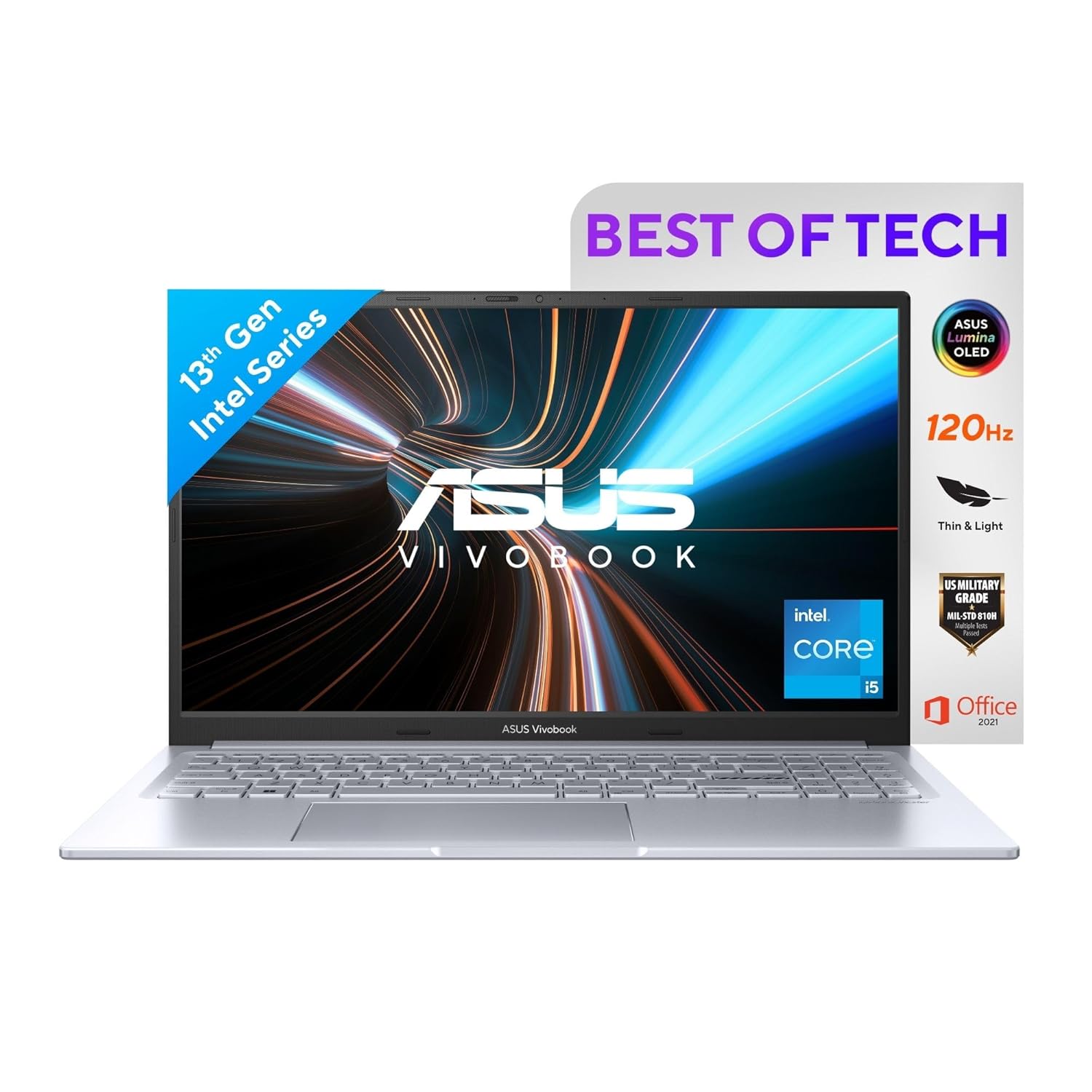 ASUS Vivobook 15X OLED,2.8K (2880 x 1620) 16:9,Intel Core i5-1335U Processor 1.3 GHz,Thin & Light Laptop (16GB RAM/512GB SSD/Windows 11/Office Home/50Whr Battery/Cool Silver/1.60 kg),K3504VAD-MA542WS