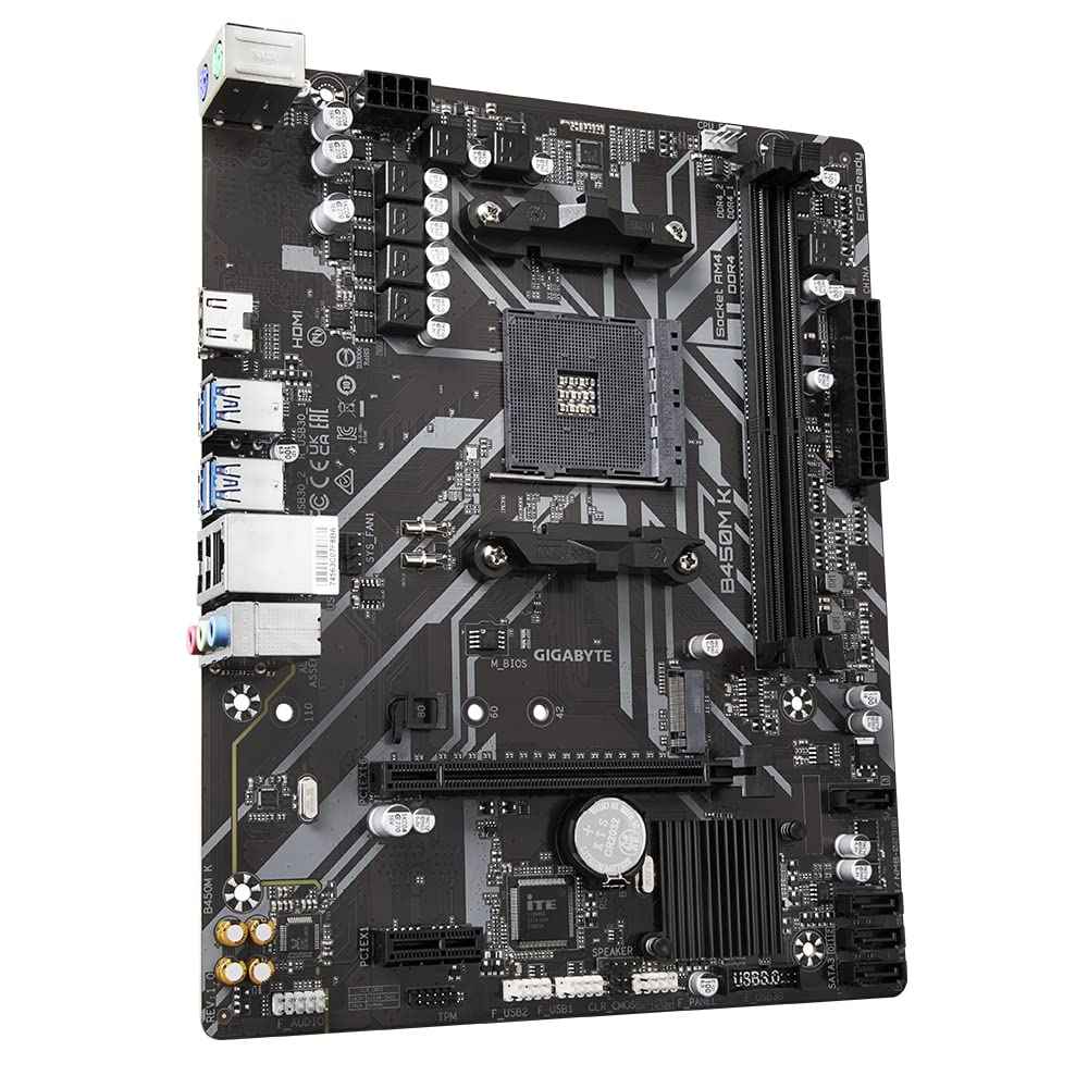 GIGABYTE B450M K Micro-ATX Motherboard – AMD AM4, DDR4 64GB, M.2, HDMI, USB 3.2, RAID Support