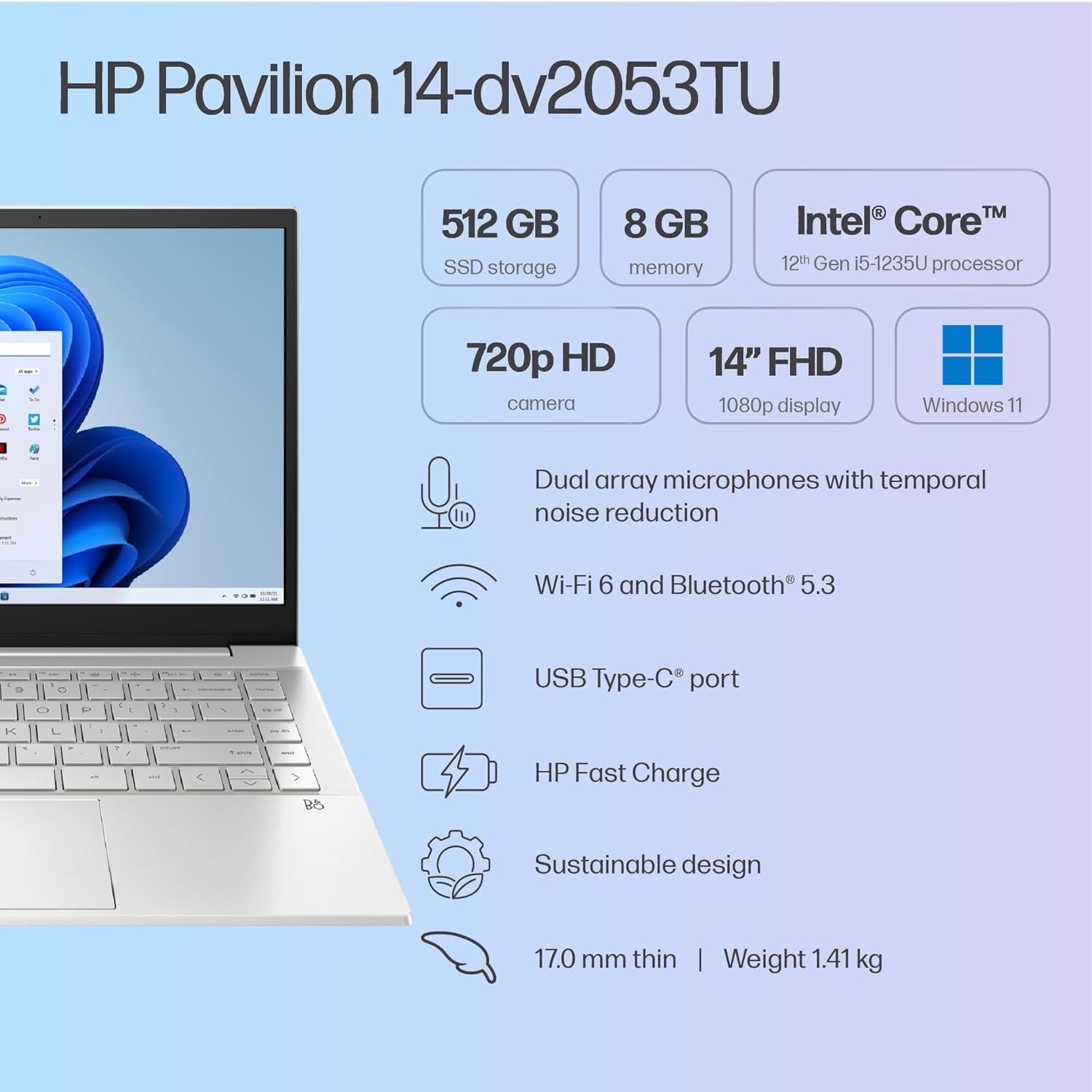 HP Pavilion, 12th Gen Intel Core i5-1235U, 8GB DDR4, 512GB SSD, Micro-Edge, BrightView, IPS, 14-inch(35.6cm) FHD Laptop, HD Camera, Backlit KB, B&O (Win 11, Office 21, Silver, 1.41kg) dv2053TU