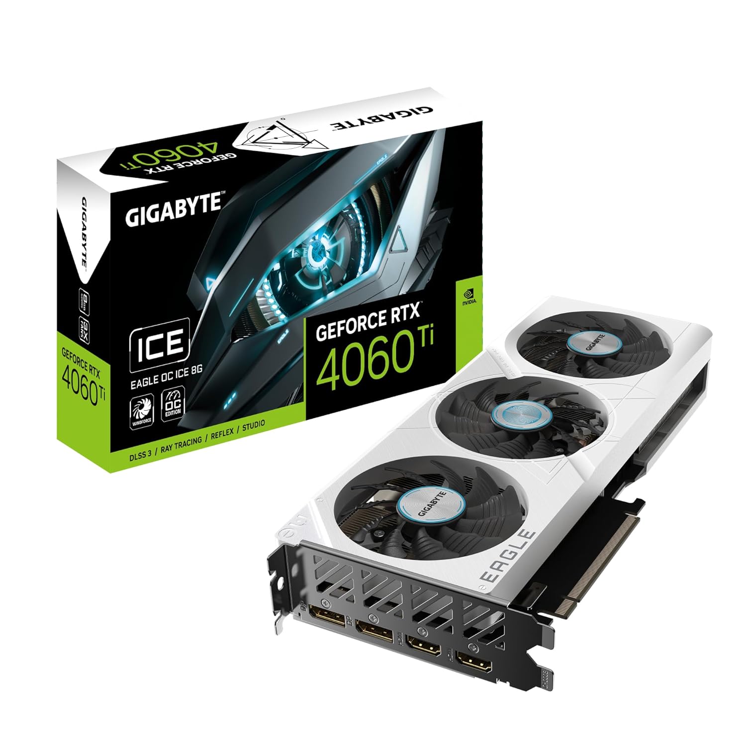Gigabyte GeForce RTX 4060 Ti EAGLE OC ICE 8G Graphics Card - 8GB GDDR6, 128bit, PCI-E 4.0, 2550MHz Core Clock, 2 x DisplayPort 1.4a, 2 x HDMI 2.1a, NVIDIA DLSS 3, GV-N406TEAGLEOC ICE-8GD