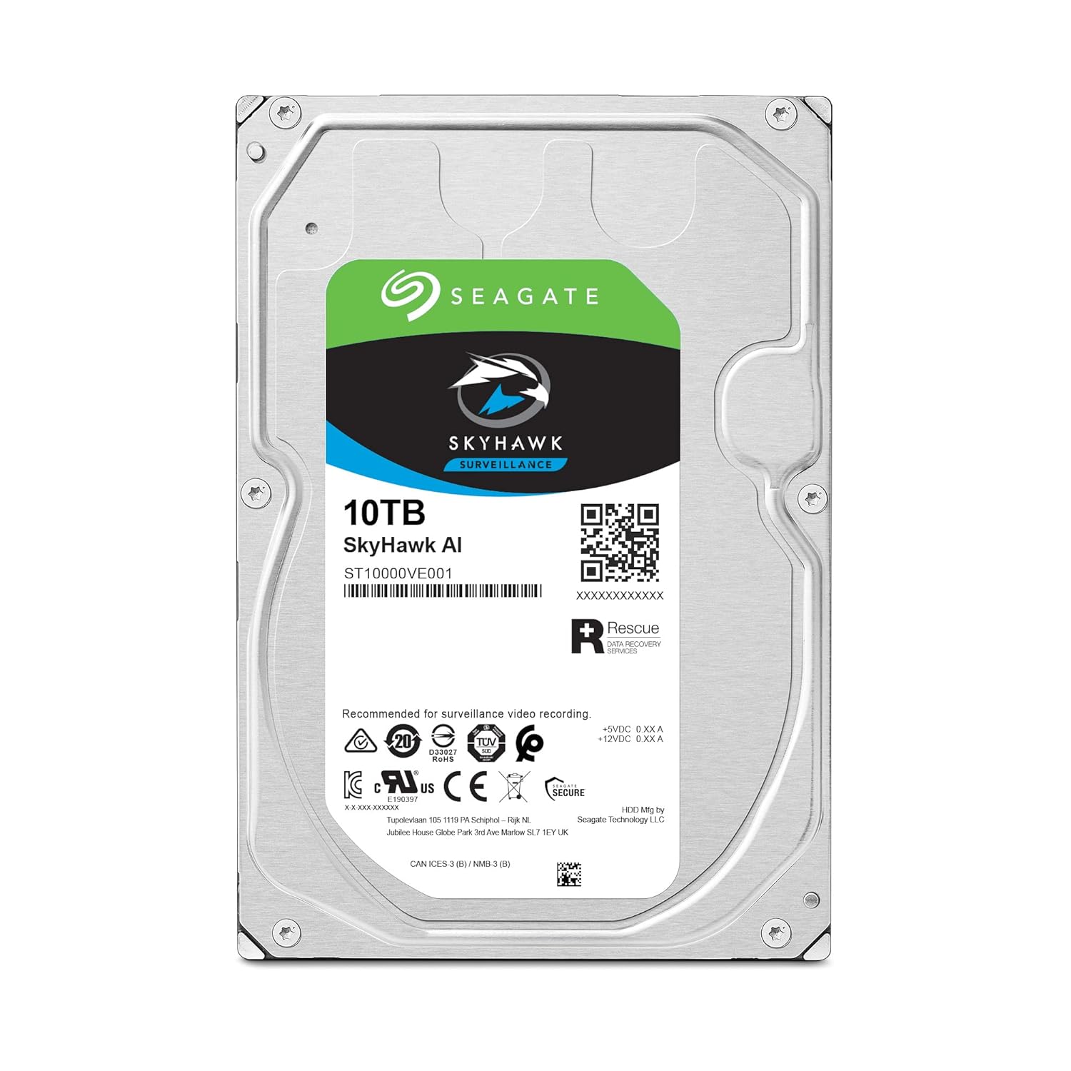 Seagate Skyhawk AI 10 TB Video Internal Hard Drive HDD – 3.5 Inch SATA 6 Gb/s 256 MB Cache for DVR NVR Security Camera System with 3-Years Data Recovery Services (ST10000VE001)