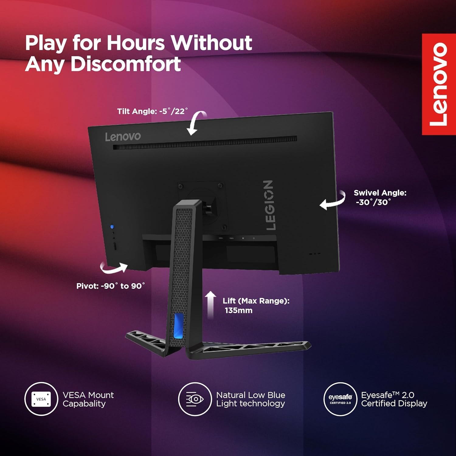 Lenovo Legion R27i-30 | 27 Inch (68.5cm) 165Hz LED Gaming Monitor | 0.5ms, AMD FreeSync, 99%sRGB, 90% DCI-P3, 3Wx2 Speaker, 2xHDMI 2.1,1xDP| Tilt, Swivel, Pivot, Height Adjust Stand, Black, 67B5GAC1IN