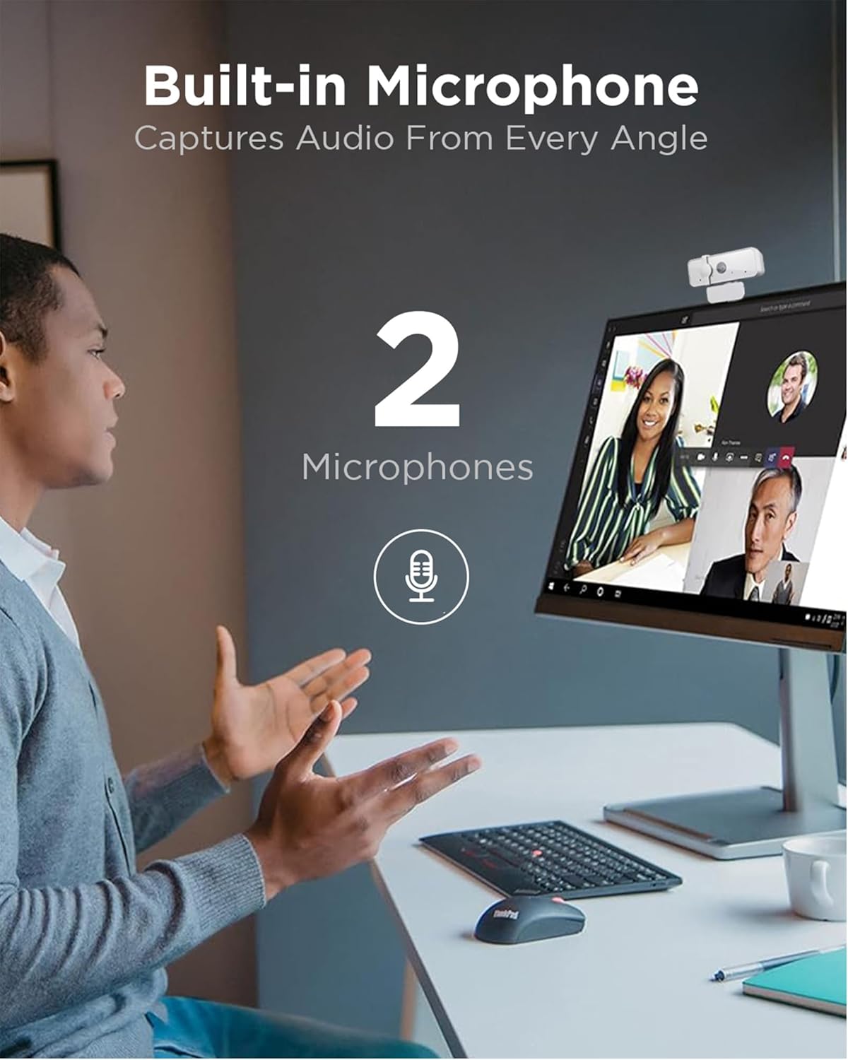 Lenovo 300 FHD Webcam with Full Stereo Dual Built-in Mics | FHD 1080P 2.1 Megapixel CMOS Camera with USB |Ultra-Wide 95° Lens, 4X Digital Zoom | 360 Rotation | Flexible Mount | Cloud Grey