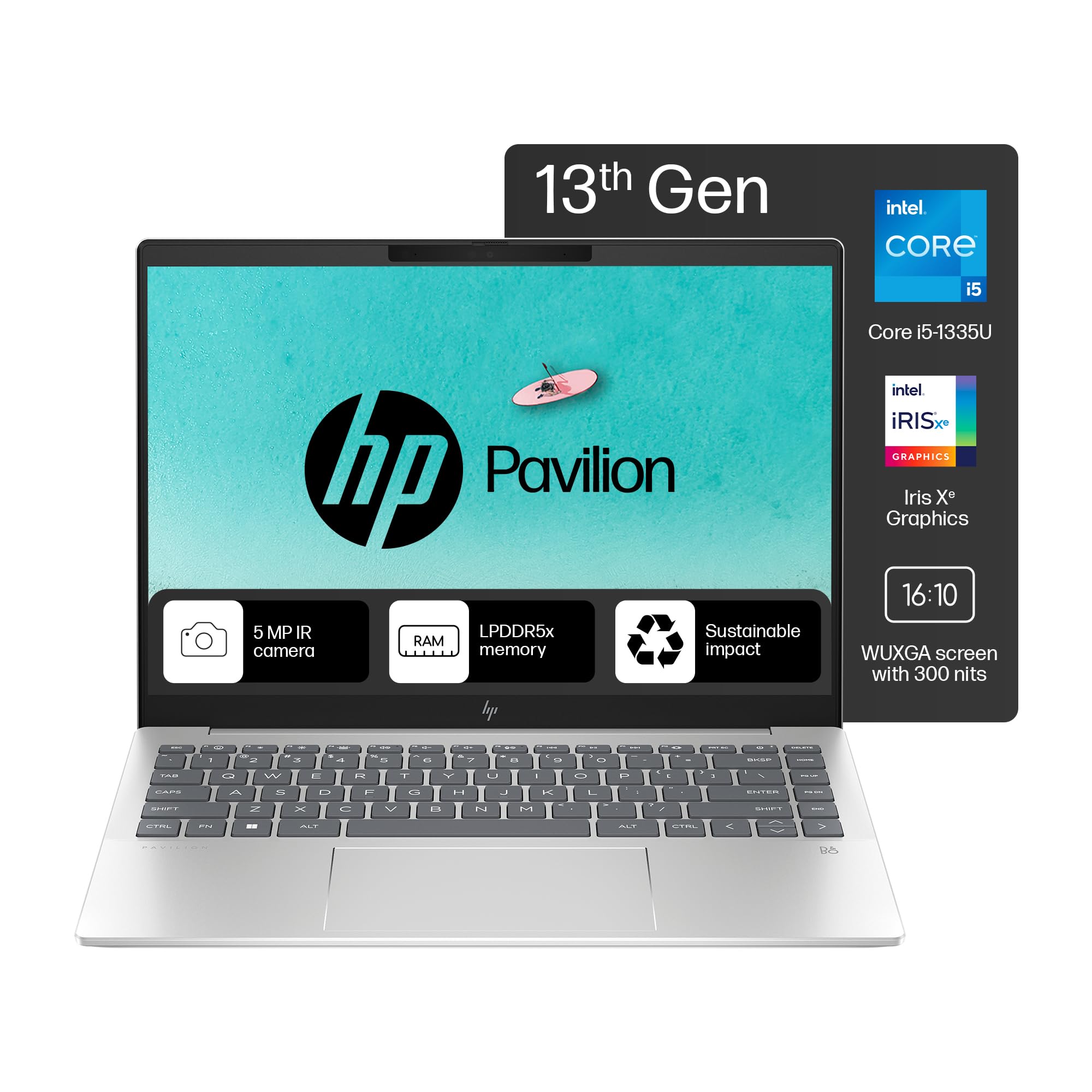 HP Pavilion Plus, 13th Gen Intel Core i5-1335U, 16GB LPDDR5x, 512GB SSD, (Win 11, Office 21, Blue, 1.38kg), Anti-Glare, 14-inch (35.6cm), WUXGA Laptop, Intel Iris Xe Graphics, 5MP IR Camera, ew0115TU