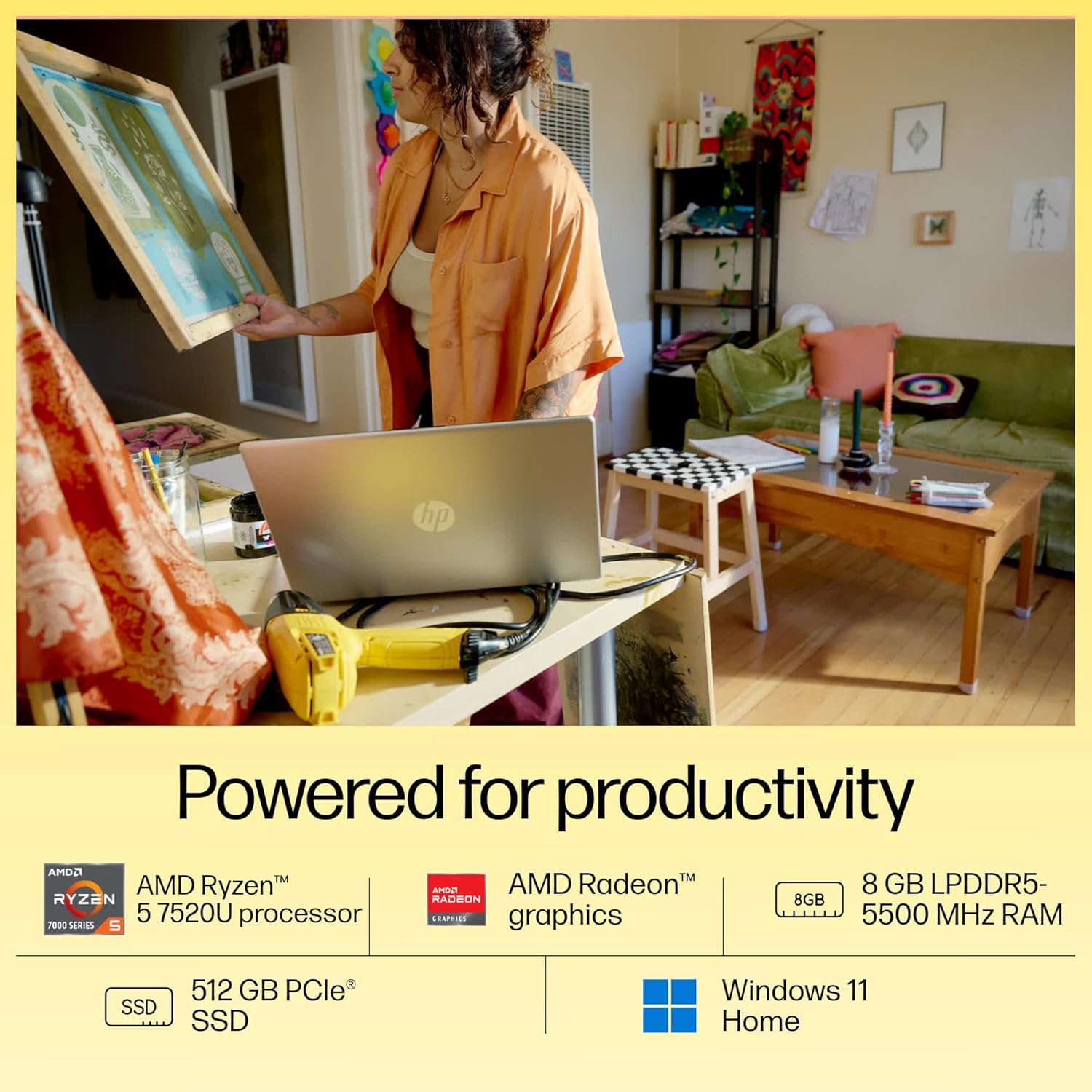 HP Laptop 15, AMD Ryzen™ 5 7520U, 15.6-inch (39.6 cm), FHD, 8GB LPDDR5, 512GB SSD, Dual Speakers,MSO,Windows 11,Natural Silver, 1.69 kg, 15s-fc0155AU