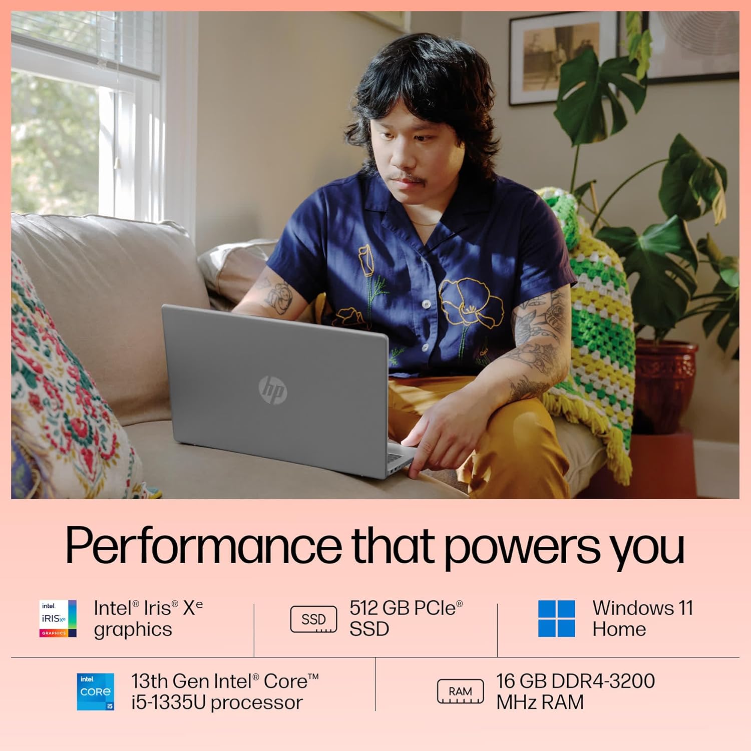 HP 14, 13th Gen Intel Core i5-1335U, 16GB DDR4, 512GB SSD, (Win 11, Office 21, Silver, 1.4kg), Anti-Glare, IPS, 14-inch(35.6cm) FHD Laptop, Intel Iris Xe Graphics, FHD Camera, Backlit KB, gr0001TU