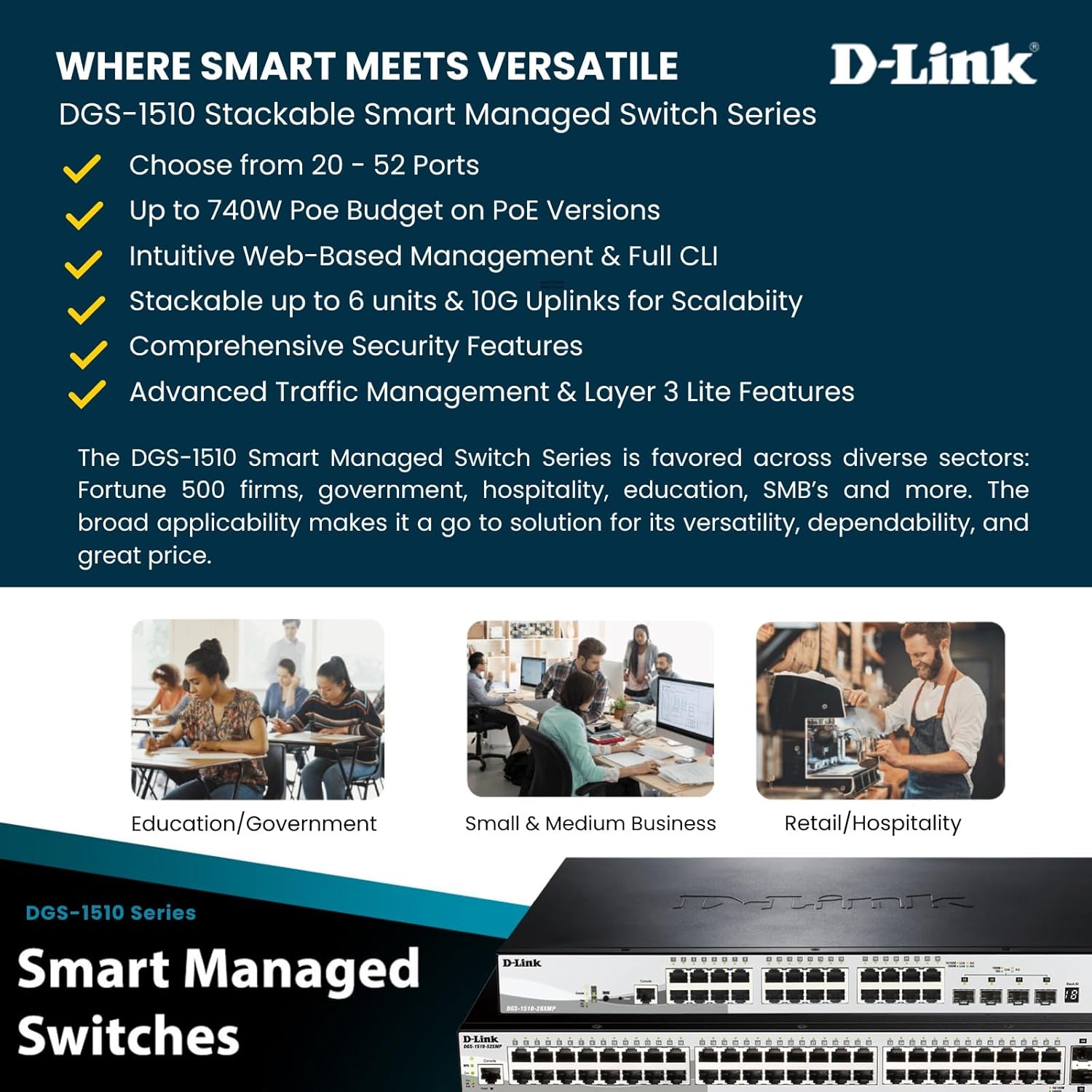 D-Link 52-Port Gigabit Stackable Smart Managed PoE+ Switch with 10G Uplinks | 48 PoE+ (740W) + 4 10GbE SFP+ Ports| L2+/L3 Lite |VLANs |Web Managed |Surveillance Mode | NDAA Compliant (DGS-1510-52XMP)