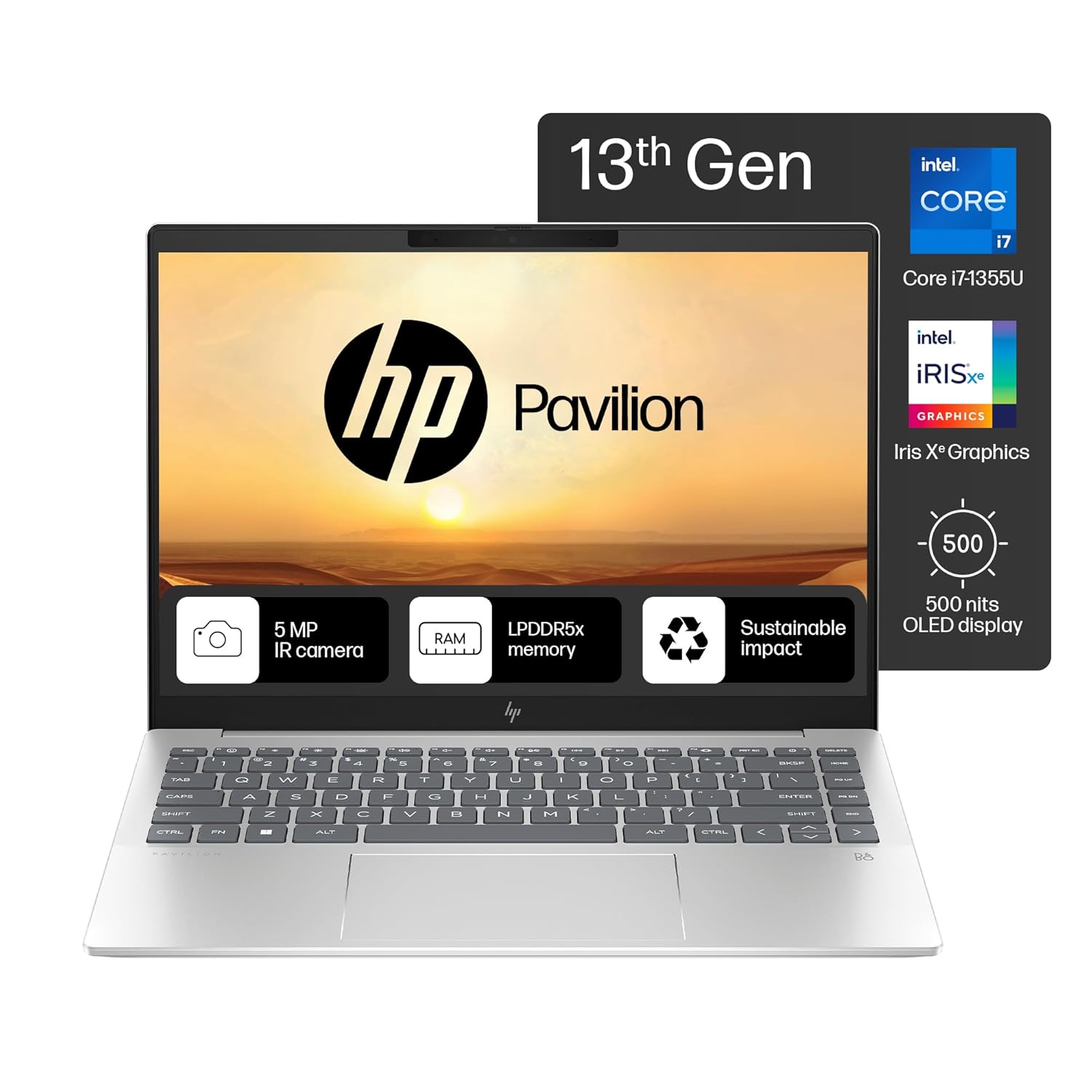 HP Pavilion Plus, 13th Gen Intel Core i7-1355U, 16GB DDR5, 1TB SSD, (Win 11, Office 21, Silver, 1.38kg), OLED, 500 nits, 14-inch(35.6cm), 2.8K Laptop, Intel Iris Xe Graphics, 5MP IR Camera, ew0153TU