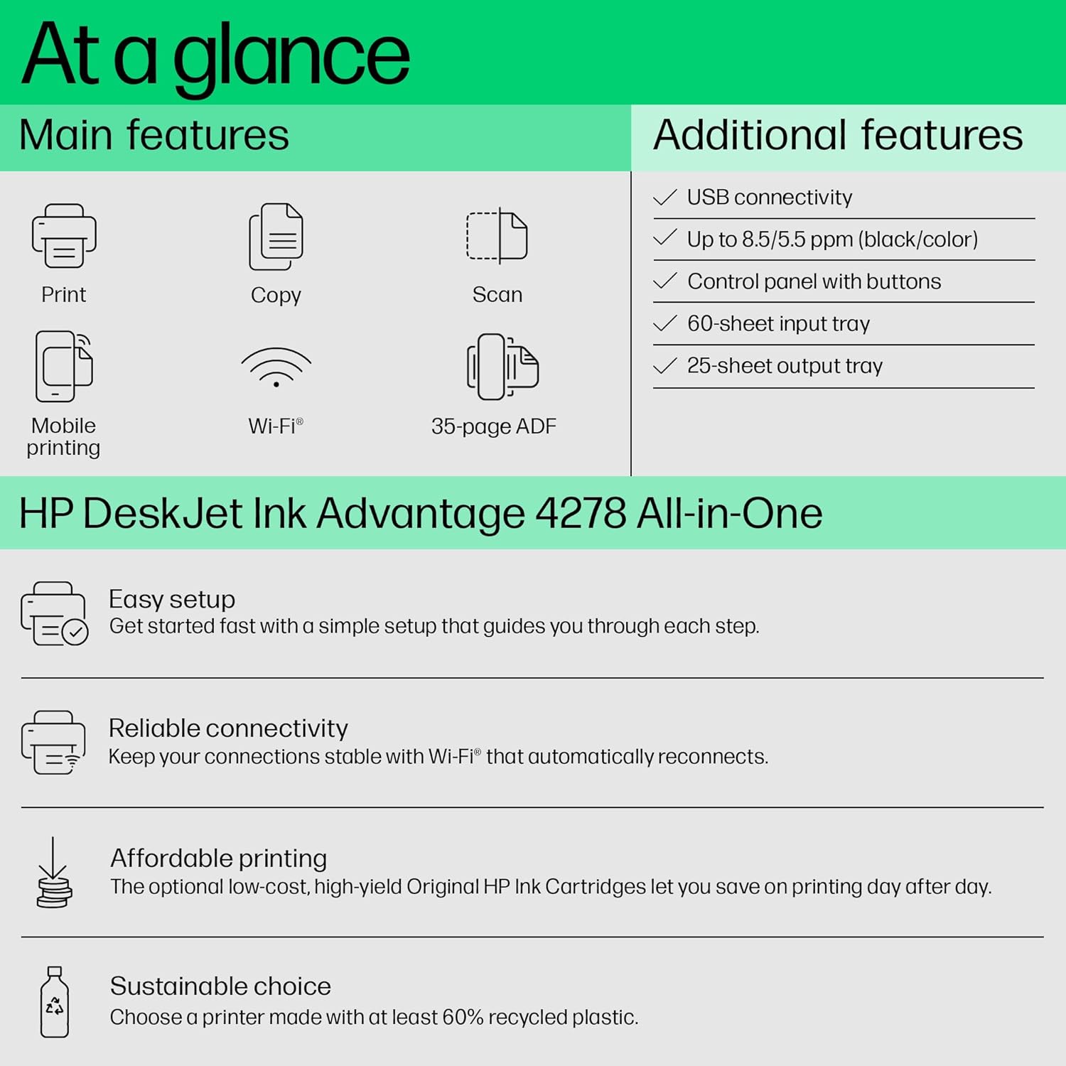 HP Ink Advantage 4278 WiFi Colour Printer - Print/Scan/Copy with ADF Ideal for Home/Small Office, White - Zapnet.in