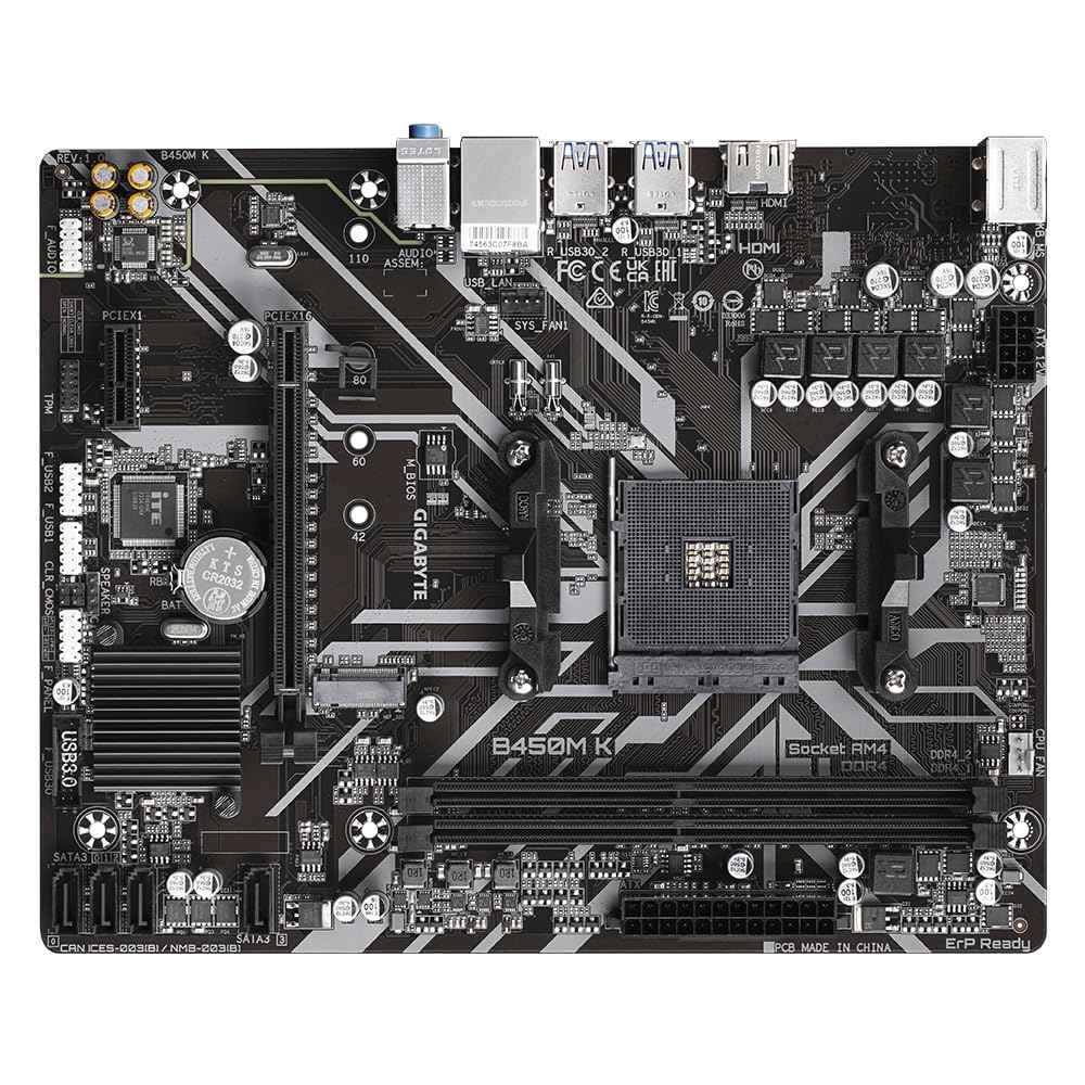 GIGABYTE B450M K Micro-ATX Motherboard – AMD AM4, DDR4 64GB, M.2, HDMI, USB 3.2, RAID Support