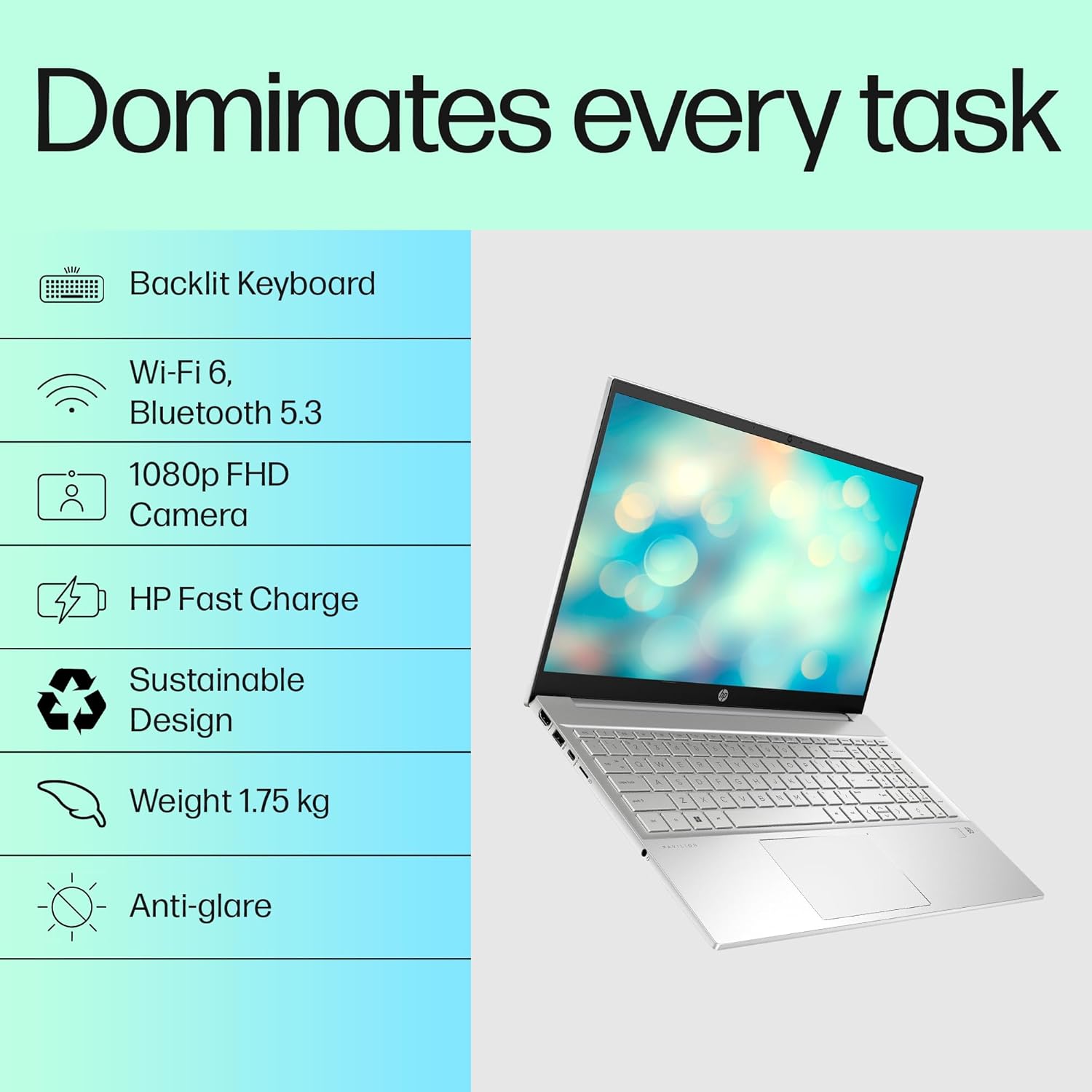 HP Pavilion, 13th Gen Intel Core i7-1360P, 16GB DDR4, 1TB SSD, (Win11, Office21, Silver, 1.75kg) IPS, Anti-glare, 15.6-inch (39.6cm) FHD Laptop, Intel Iris Xe graphics, HD camera, Backlit KB, eg3036TU