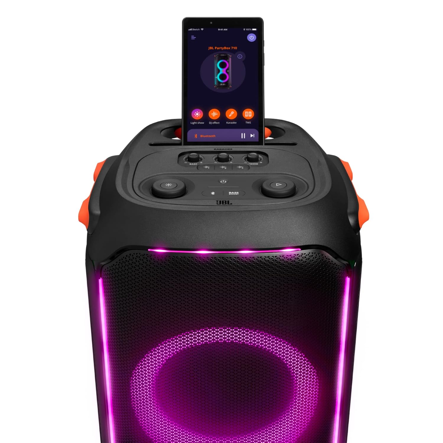 JBL PartyBox 710 Bluetooth Party Speaker with Dynamic Music Synced Flashing Club Pattern Lightshow, Pro Sound, Splashproof, PartyBox App Personalisation,Guitar and Mic Input(800 Watt RMS, Black) - Zapnet.in