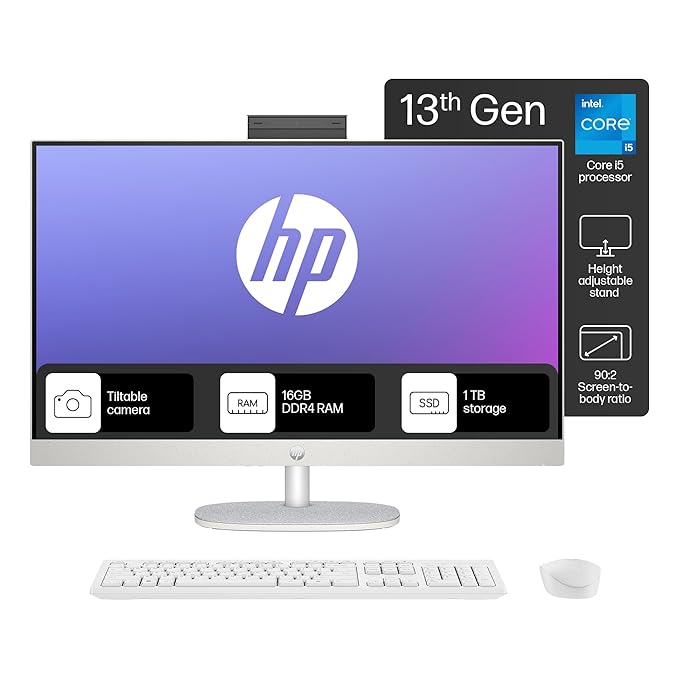 HP All-in-One PC 13th Gen Intel Core i5 27" (68.6cm) FHD 16GB RAM, 1TB SSD, Intel UMA Graphics, 710 White Wireless Keyboard and Mouse Combo (Windows 11 Home, MSO 21, Shell White, 6.72 Kg) 27-cr0407in - Zapnet.in