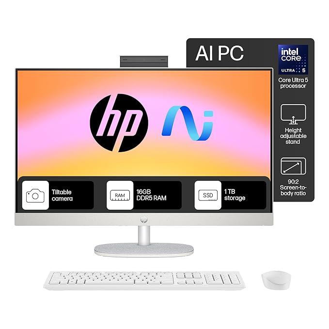 HP All-in-One 27, Intel Core Ultra 5 125U,27inch(68.6 cm),FHD,IPS,Three-Sided Micro-Edge,Anti-Glare,300 nits,16 GB DDR5,512GB SSD,Windows 11,MSO21,Shell White,6.72kg,27-cr1026in - Zapnet.in