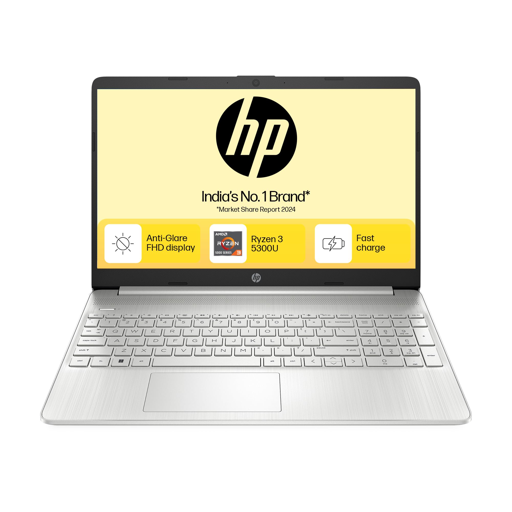 HP 15, AMD Ryzen 3 7320U, 8GB LPDDR5, 512GB SSD, Anti-Glare, Micro-Edge, 15.6-inch (39.6 cm), FHD, AMD Radeon Graphics, 1080p HD Camera, (Win 11, Silver, 1.59 kg), fc0154AU