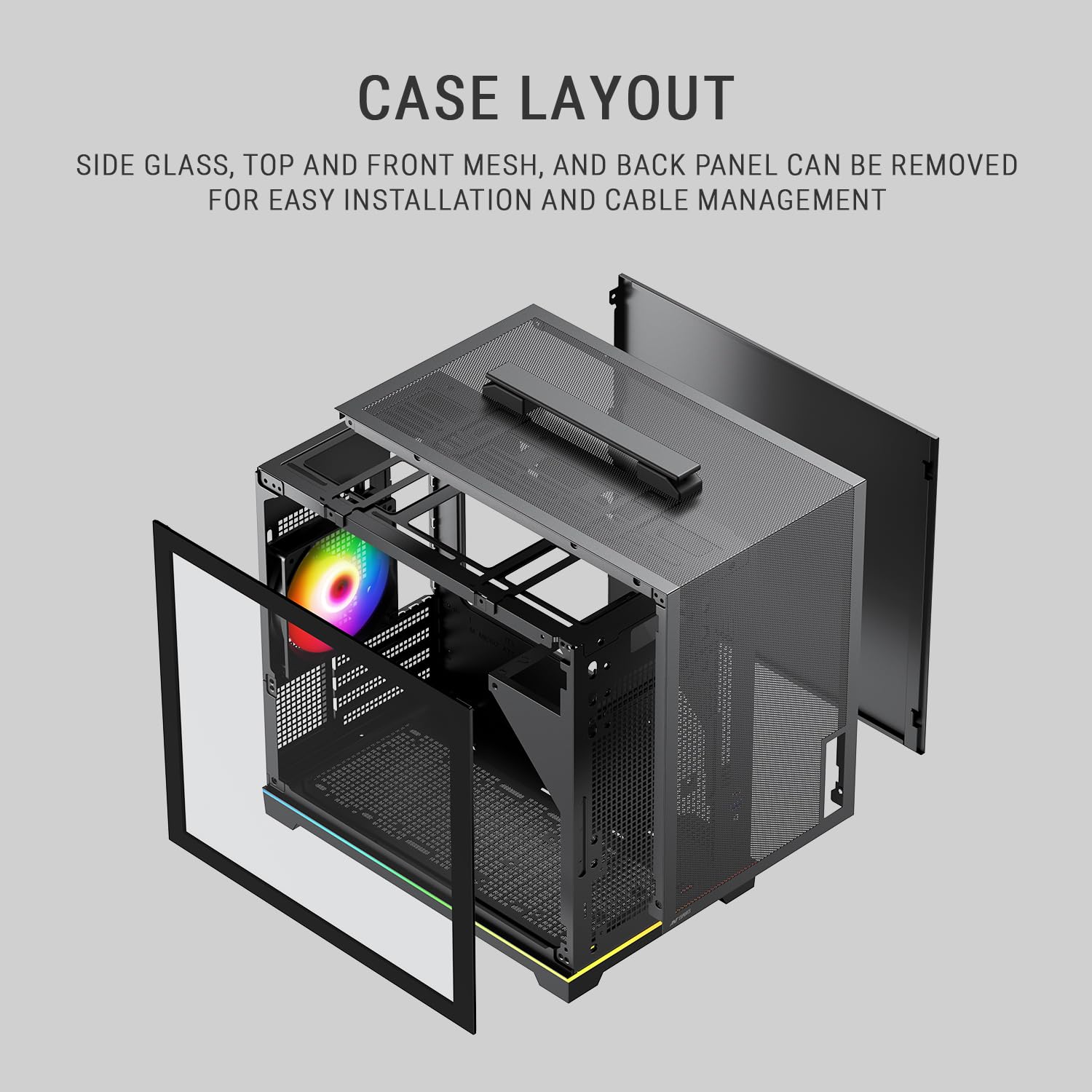 Ant Esports Box C Air V2 Mini-Tower Gaming Cabinet - Black | ARGB Front Strip | Supports Micro-ATX, Mini-ITX Motherboards | Pre-Installed 120mm Rear Fan | High Airflow Mesh Design