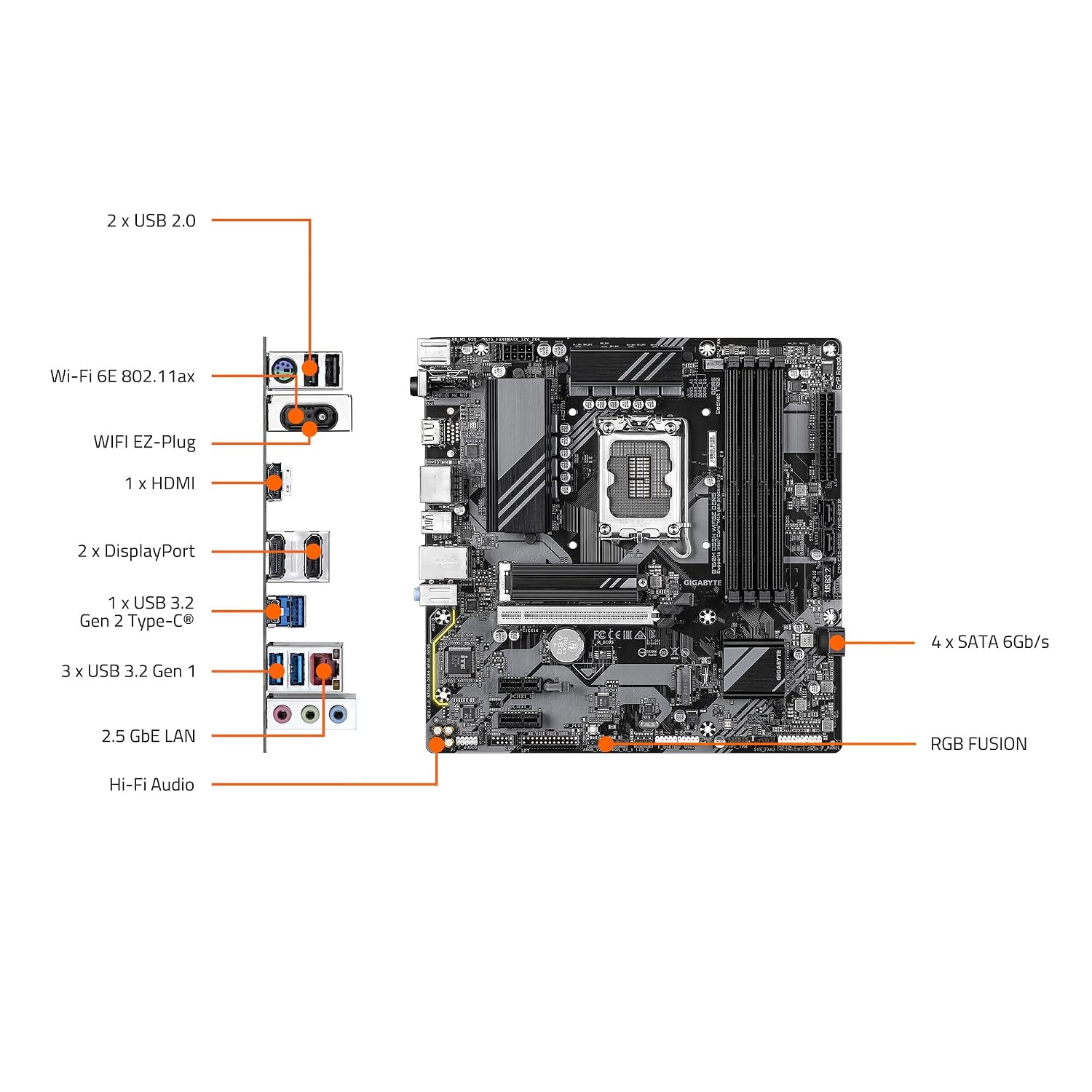 GIGABYTE B760M DS3H WIFI6E GEN5 LGA 1700 Intel B760 M-ATX Motherboard with DDR5, M.2, PCIe 5.0, USB 3.2 Gen 2 Type-C, WIFI6E 2.5GbE LAN, WiFi EZ-Plug, PCIe EZ-Latch