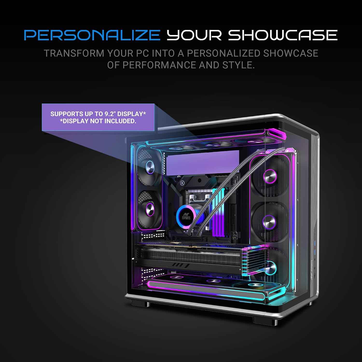 Ant Esports Crystal X8 Arc Mid Tower Gaming Cabinet | Panoramic 270° Tempered Glass, Supports BTF Back-Connect ATX Motherboards, Pre-Installed 8X 120mm ARGB Fans, 360mm AIO Support | Black