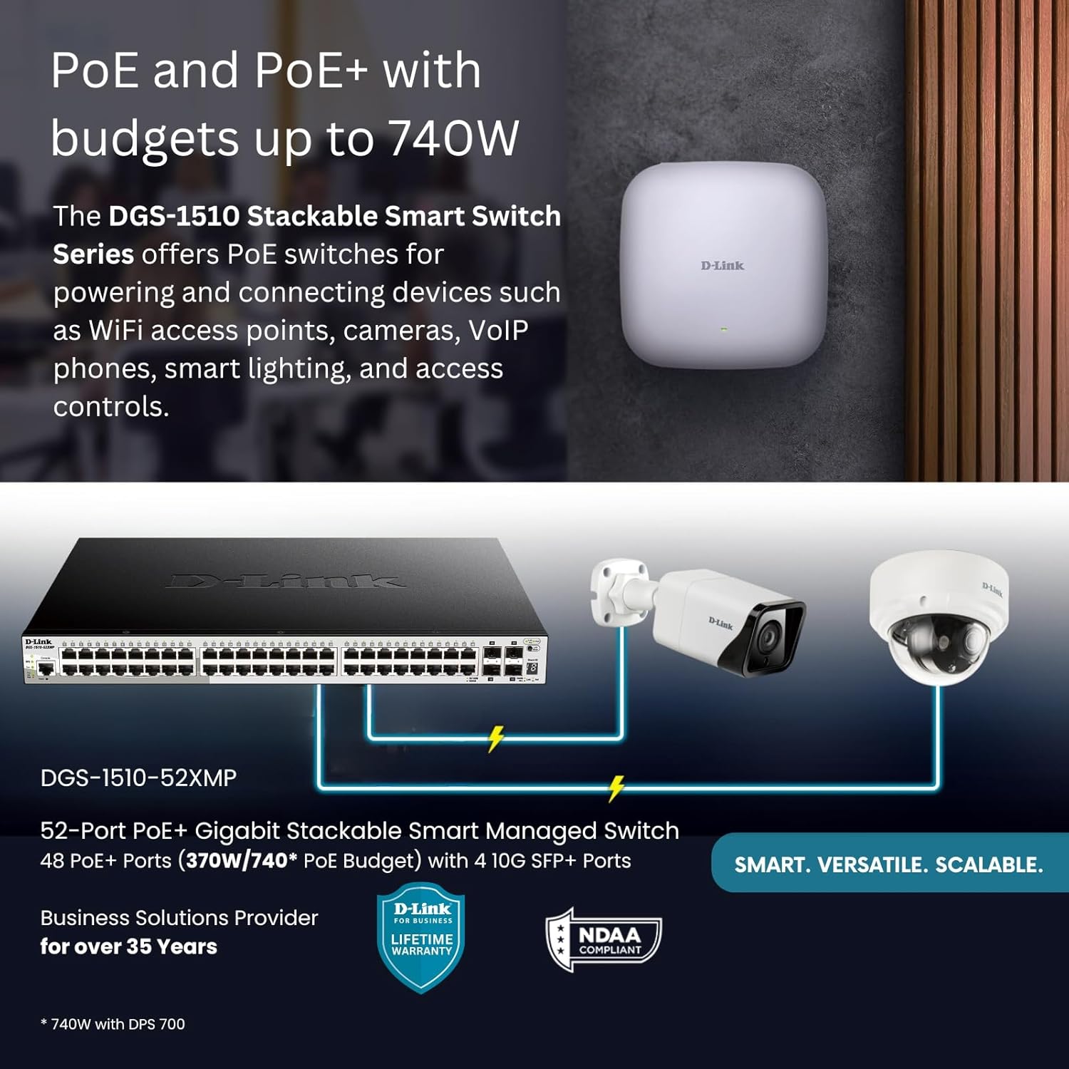 D-Link 52-Port Gigabit Stackable Smart Managed PoE+ Switch with 10G Uplinks | 48 PoE+ (740W) + 4 10GbE SFP+ Ports| L2+/L3 Lite |VLANs |Web Managed |Surveillance Mode | NDAA Compliant (DGS-1510-52XMP)