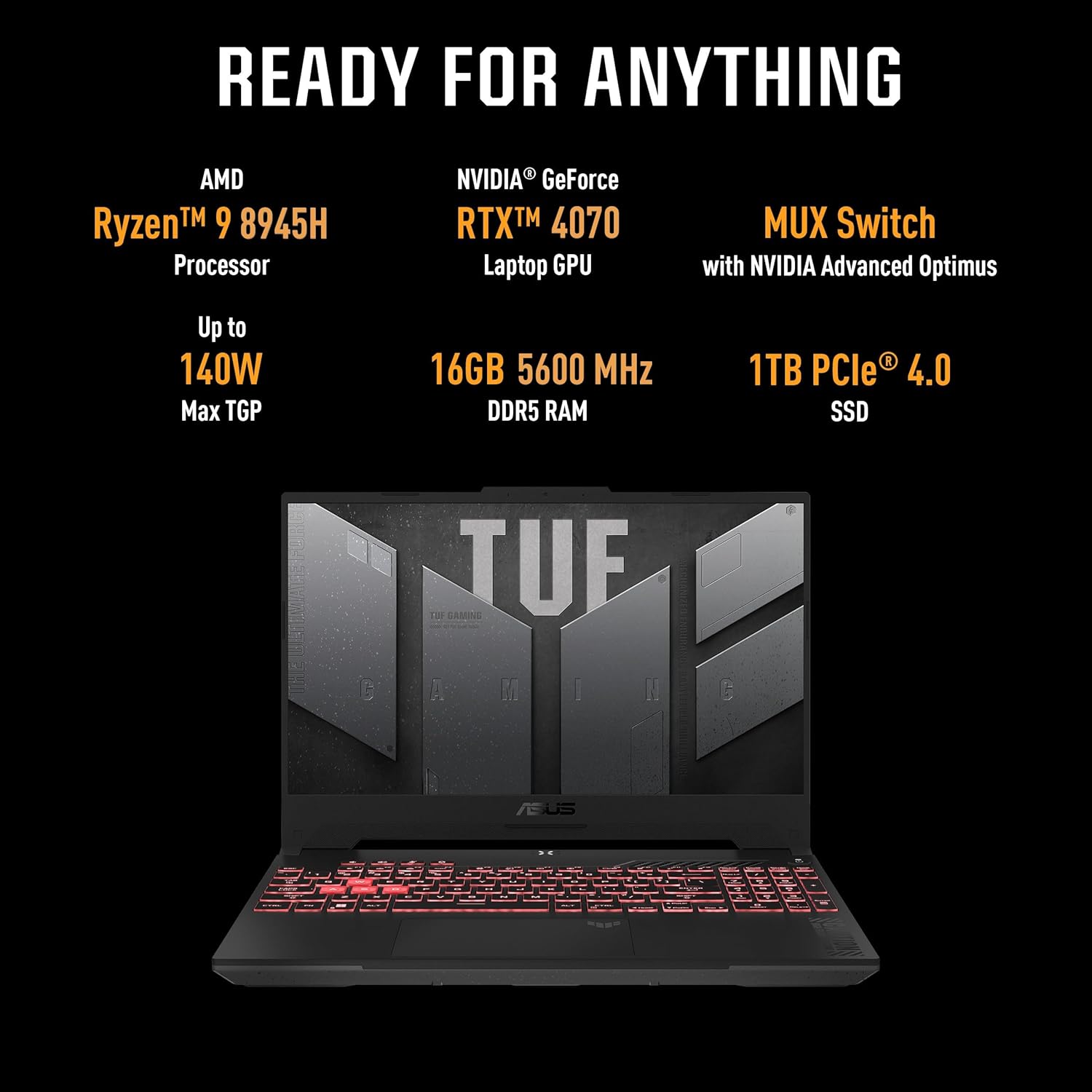 ASUS TUF Gaming A15, AMD Ryzen 9 8945H Gaming Laptop(NVIDIA RTX 4070-8GB/140W RGP/16GB RAM/1TB SSD/FHD/15.6"/144Hz/RGB KB/90WHr/Windows 11/Office 2021/Mecha Gray/2.20 Kg) FA507UI-LP066WS