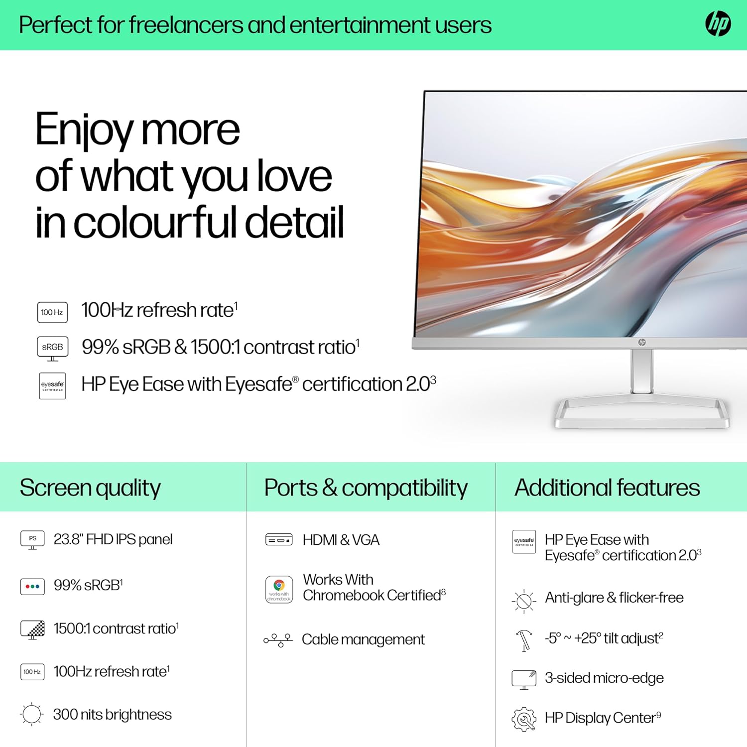 HP Series 5 23.8 inch FHD Monitor - 524sw, 23.8inch(60.5cm),FHD(1920 x 1080),3-Sided Micro-Edge Bezel, Thin & Light, 300 nits,100 hz, Eye Ease,2.5kg