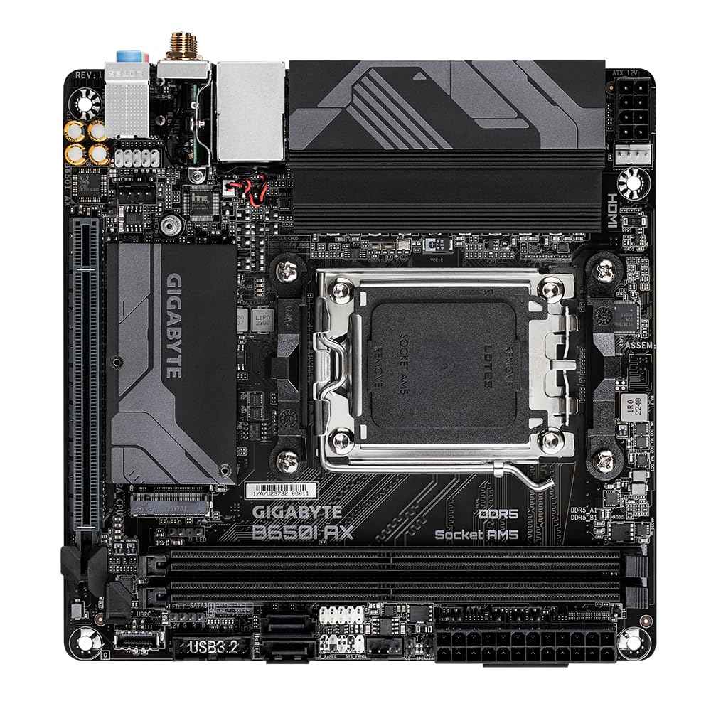 GIGABYTE B650I AX Mini-ITX Motherboard – AM5 Socket, Ryzen 7000/8000/9000 Support, DDR5, PCIe 4.0 M.2, Wi-Fi 6E, 2.5GbE LAN, HDMI/DP, Smart Fan 6, Q-Flash Plus