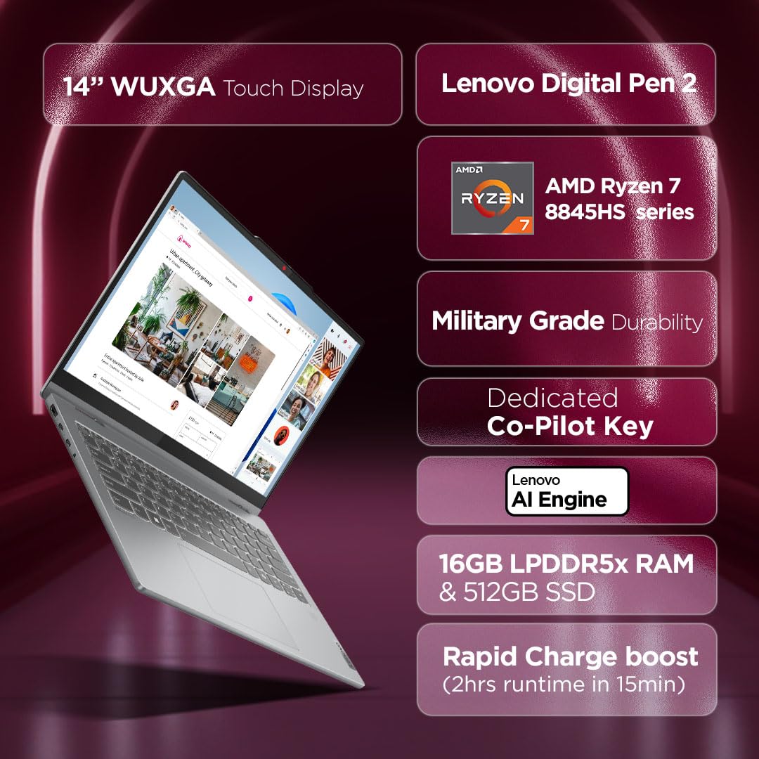Lenovo Ideapad 5 2-in-1 AMD Ryzen 7 8845HS 14" (35.5cm) WUXGA IPS 300Nits Convertible Laptop (16GB/512GB SSD/Win 11/Office Home 2024/Backlit KB/FPR/FHD Camera/Grey/1.6kg), 83DR003BIN