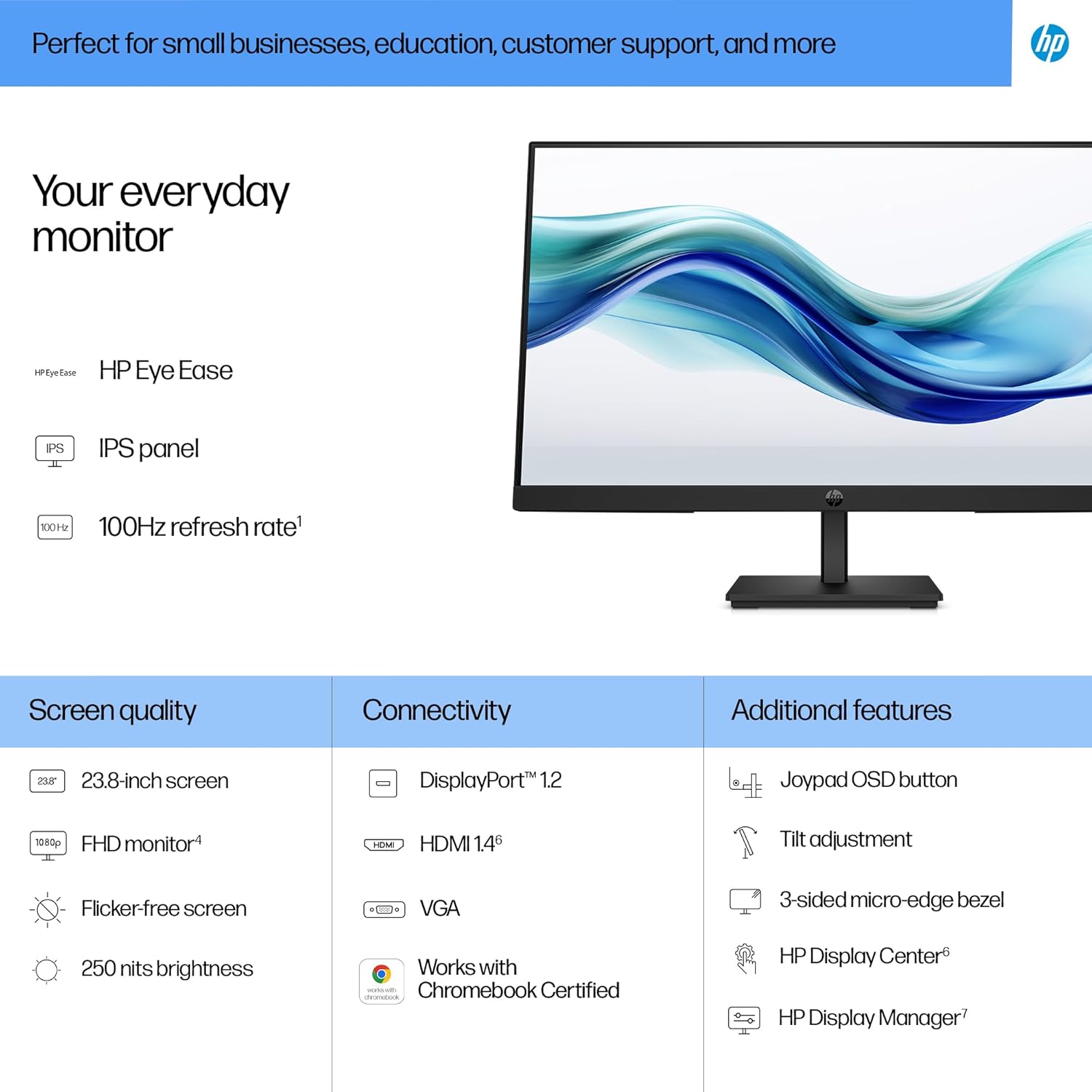 HP 324pf 24 inch FHD Monitor, Anti-Glare Eye Ease; Tilt, Brightness+; Color; Image; Input; Power; Menu; Management; Information;Low Halogen; Security Lock-Ready