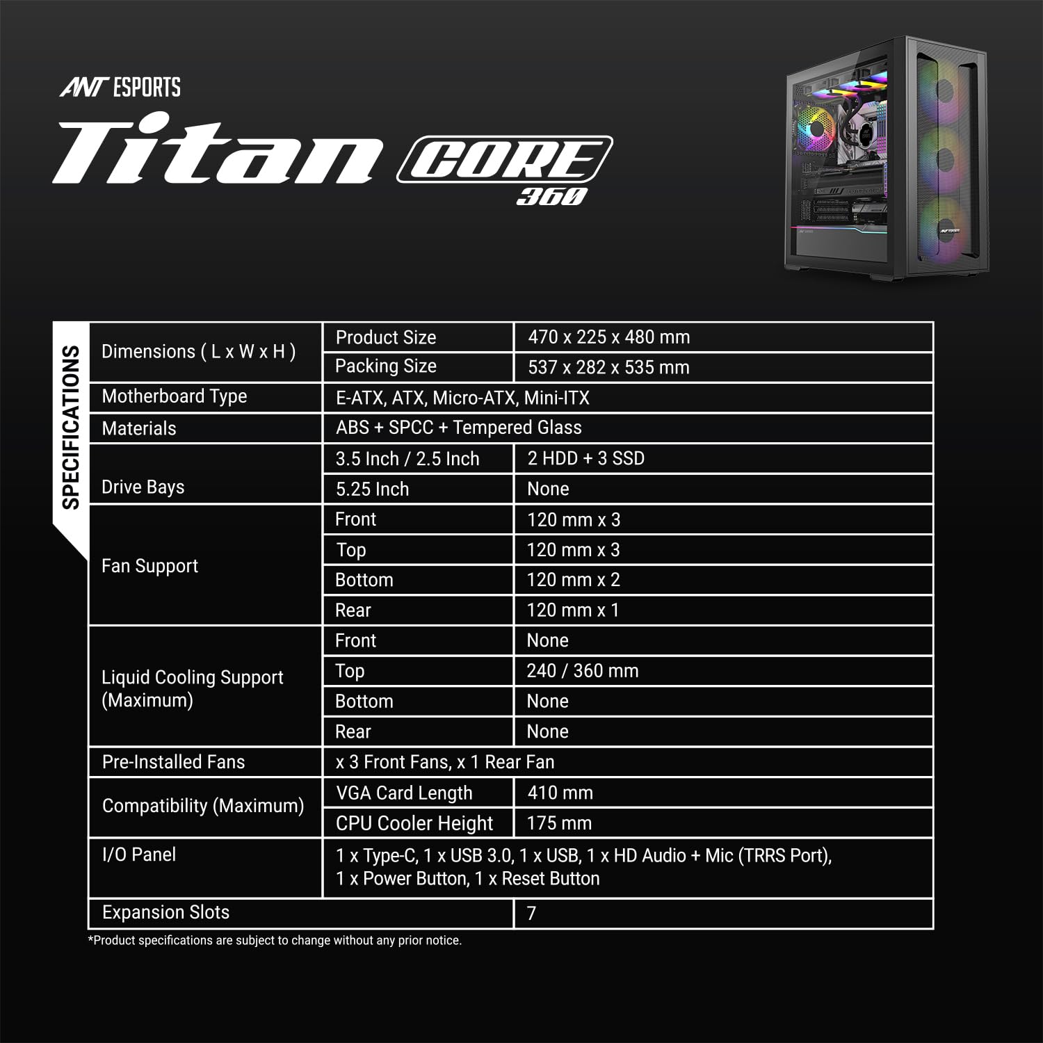 Ant Esports Titan Core 360 Mid-Tower Computer Case/Gaming Cabinet - Black | Support E-ATX, ATX, Micro-ATX, Mini-ITX | Pre-Installed 4 ARGB Fans