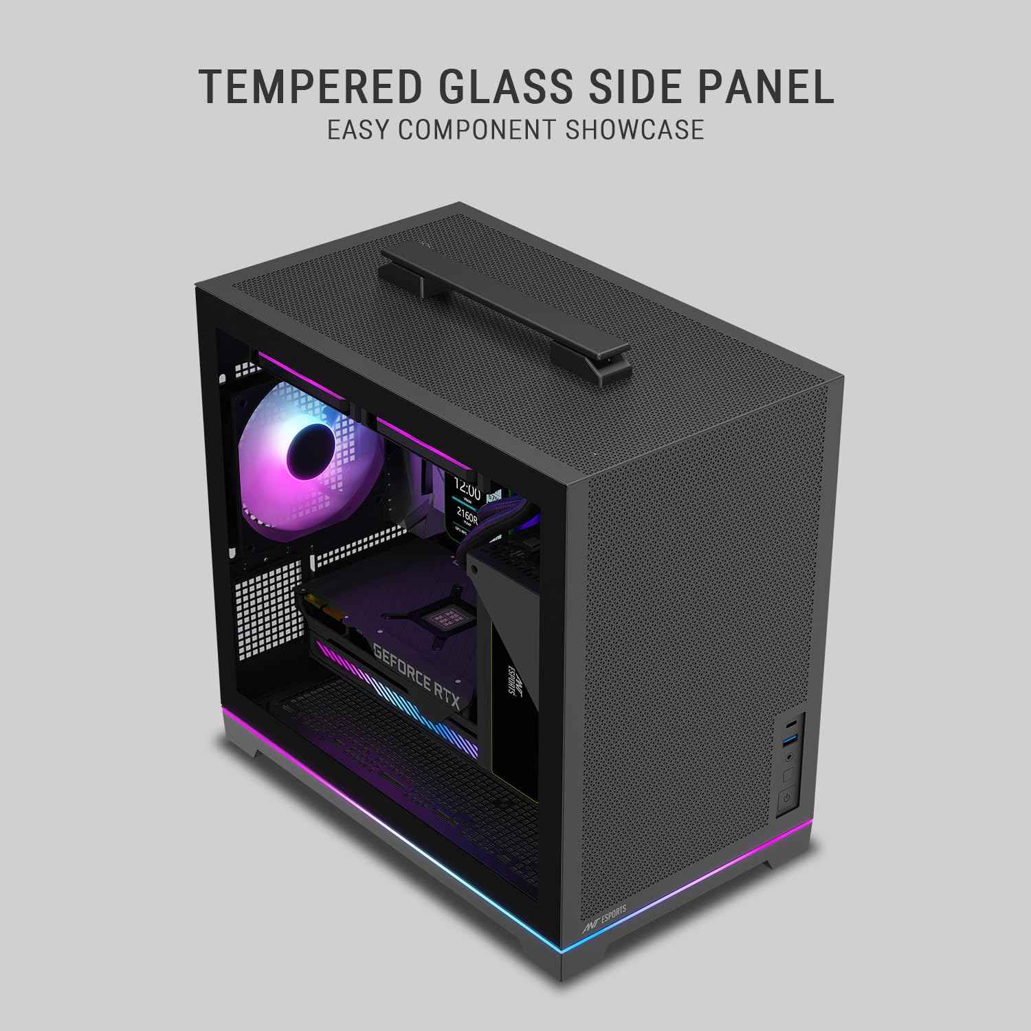 Ant Esports Box C Air V2 Mini-Tower Gaming Cabinet - Black | ARGB Front Strip | Supports Micro-ATX, Mini-ITX Motherboards | Pre-Installed 120mm Rear Fan | High Airflow Mesh Design