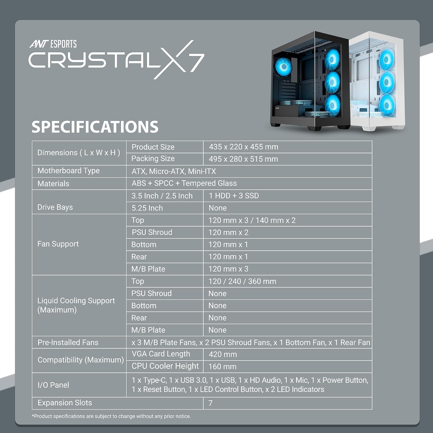 Ant Esports Crystal X7 ATX Computer Case/Gaming Cabinet with Type-C - White | Support ATX, Micro-ATX, Mini-ITX | Pre-Installed 3 M/B Plate Fans, 2 PSU Shroud Fans, 1 Bottom & 1 Rear Fan