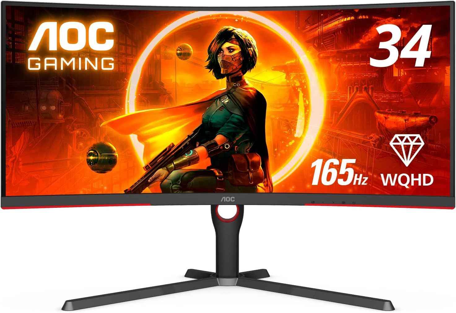 AOC CU34G3S/BK 34'' Gaming Monitor 3440x1440 WQHD, 1000R Curve, 165Hz, 1.0ms MPRT, FreeSync Premium, Adjustable Stand, 3-Sided Frameless, Low Blue Mode, Built-in Speakers, USB, Multiview (PIP,PBP)